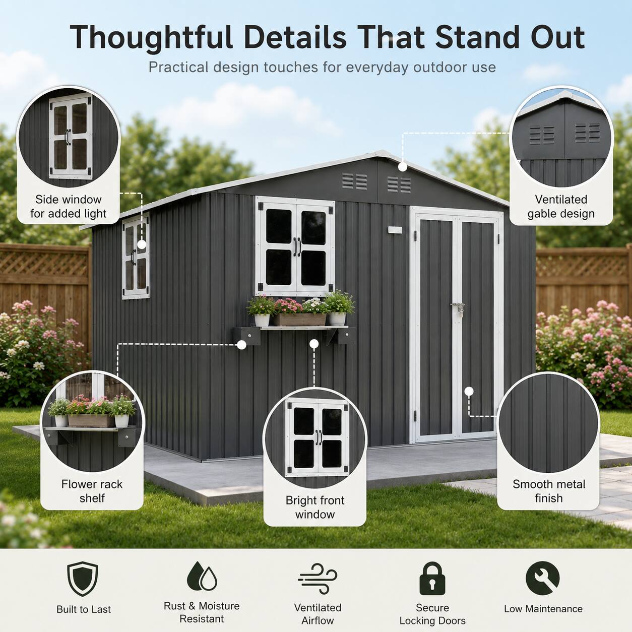 Thoughtful Details That Stand Out  
Practical design touches for everyday outdoor use  
- Side window for added light  
- Ventilated gable design  
- Flower rack shelf  
- Bright front window  
- Smooth metal finish  
- Built to Last  
- Rust & Moisture Resistant  
- Ventilated Airflow  
- Secure Locking Doors  
- Low Maintenance