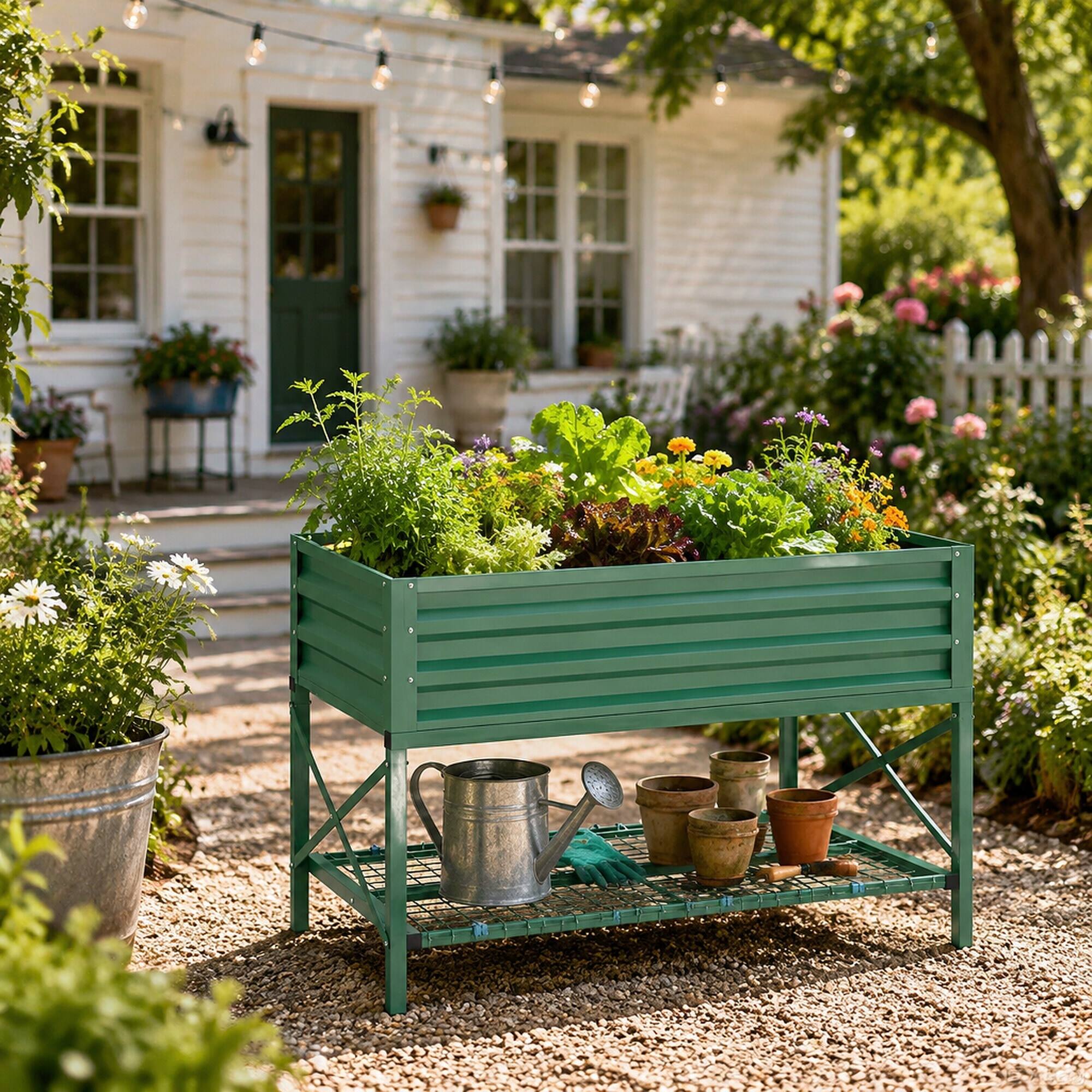 Left. RYHNUYNE - Galvanized Steel Raised Garden Bed with Legs, Storage Shelf and Liner, 41.75"L x 21.25"W x 30"H, Green - Green.