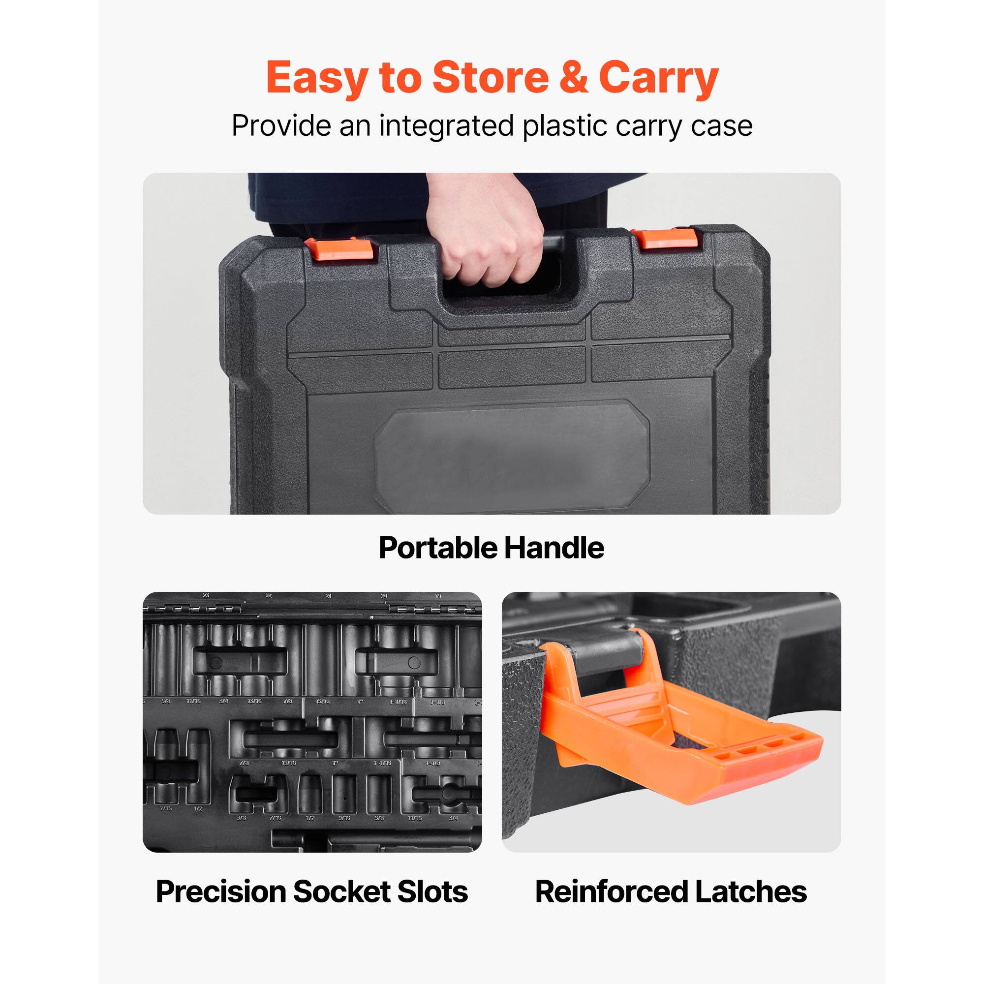Easy to Store & Carry  
Provide an integrated plastic carry case  

Portable Handle  

Precision Socket Slots  

Reinforced Latches