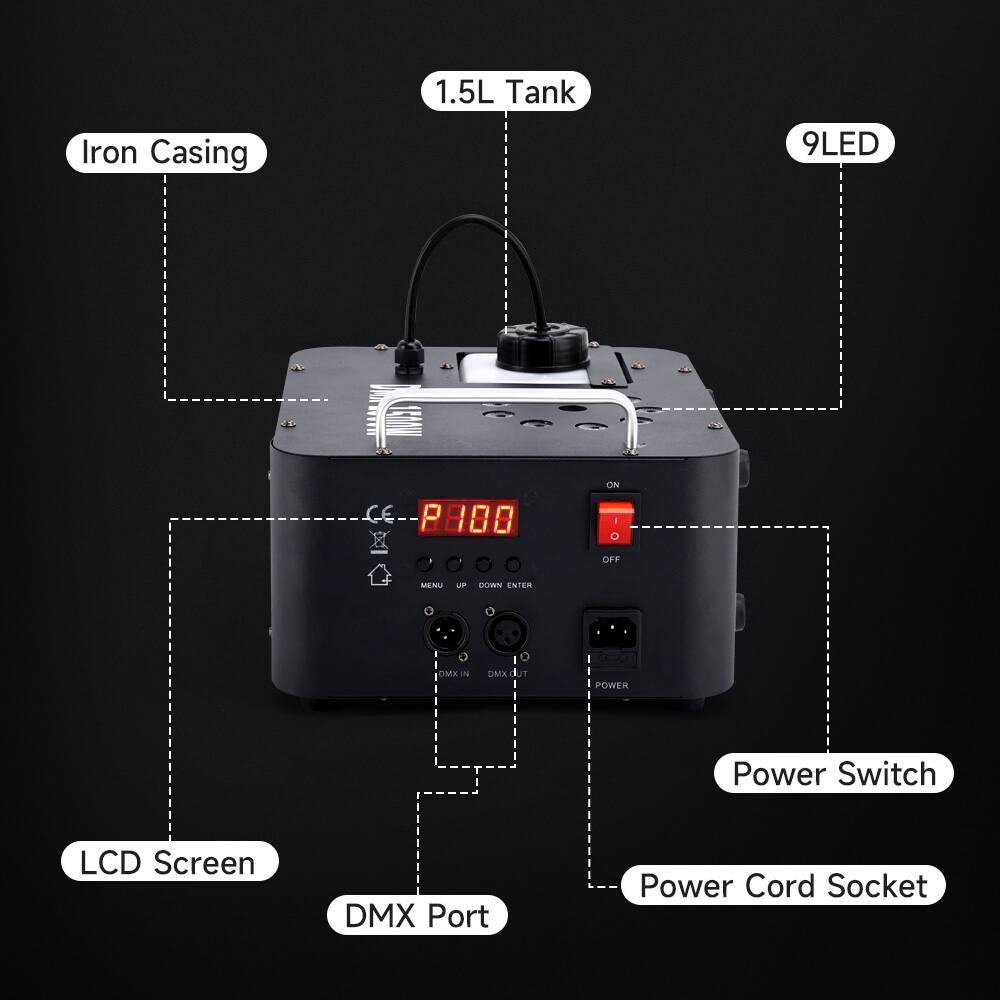 1.5L Tank  
Iron Casing  
9LED  
LCD Screen  
DMX Port  
Power Switch  
Power Cord Socket