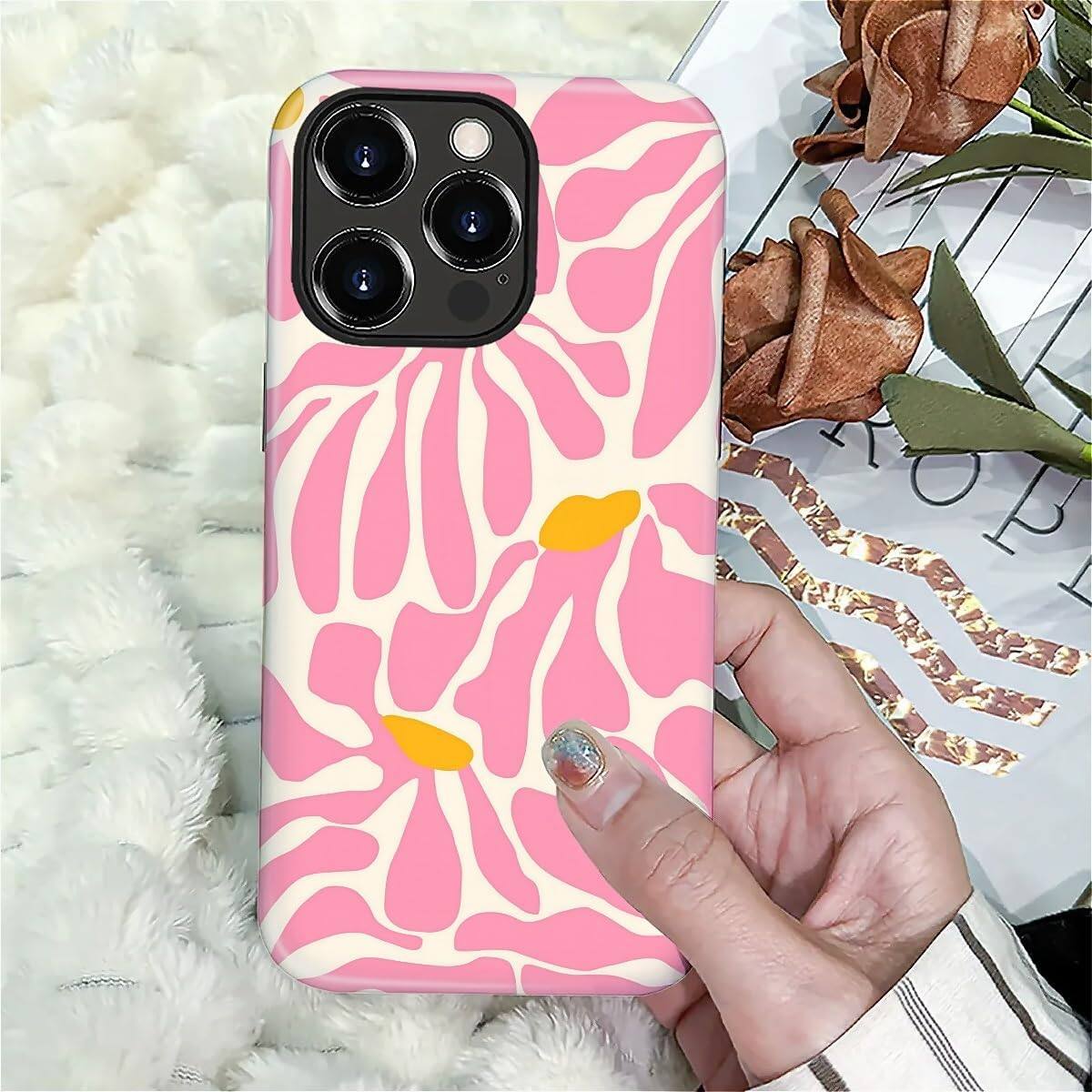 Alt View 6. BUBM - Smartphone Case for iPhone - 2-Layer Durable Smartphone Protection Case - A-Matisse Pink Flower - A-Matisse Pink Flower for iPhone 16 Pro.