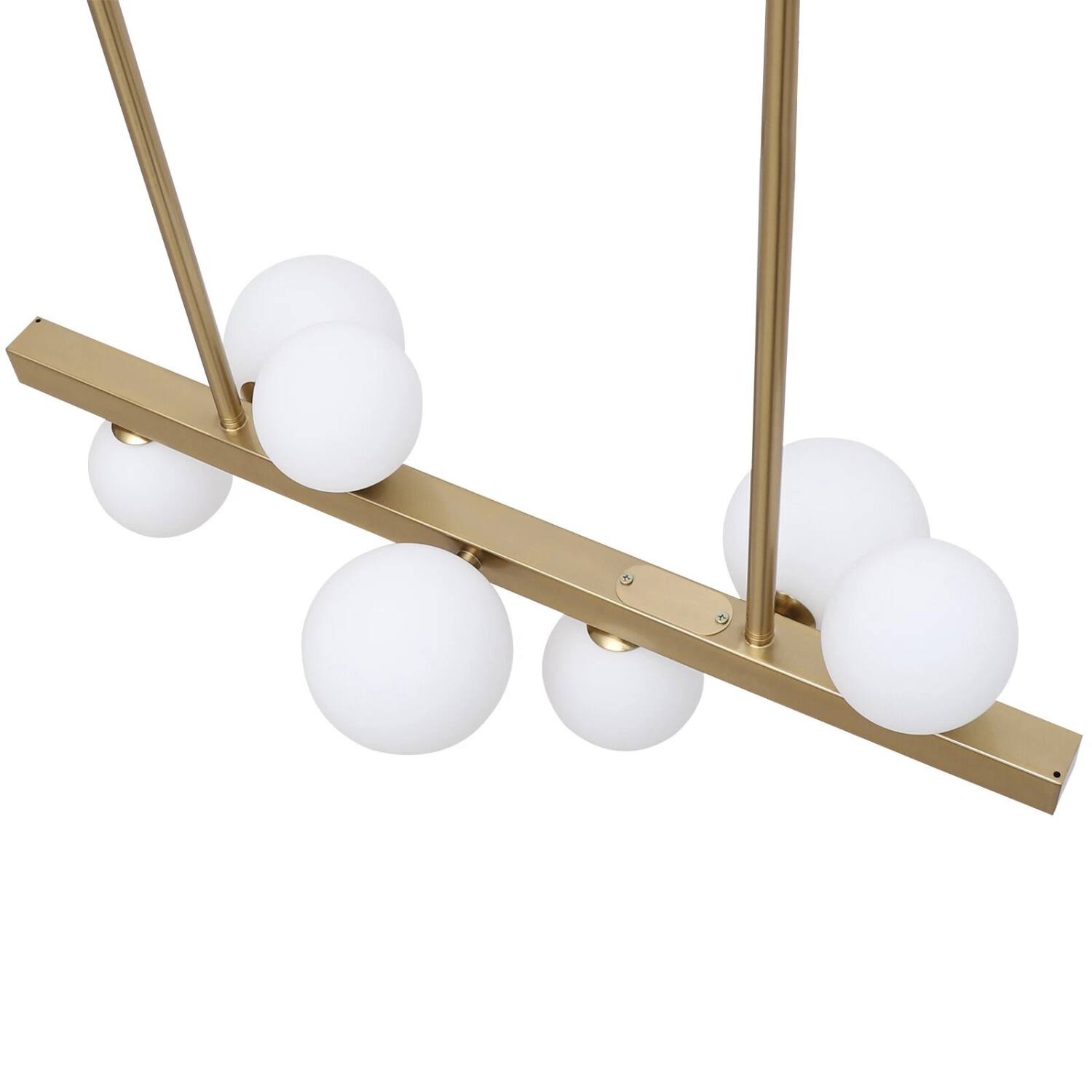 Back. Stock Preferred - Mid Century Modern 7-Light Gold Linear Chandelier with Glass Globes - Clear.