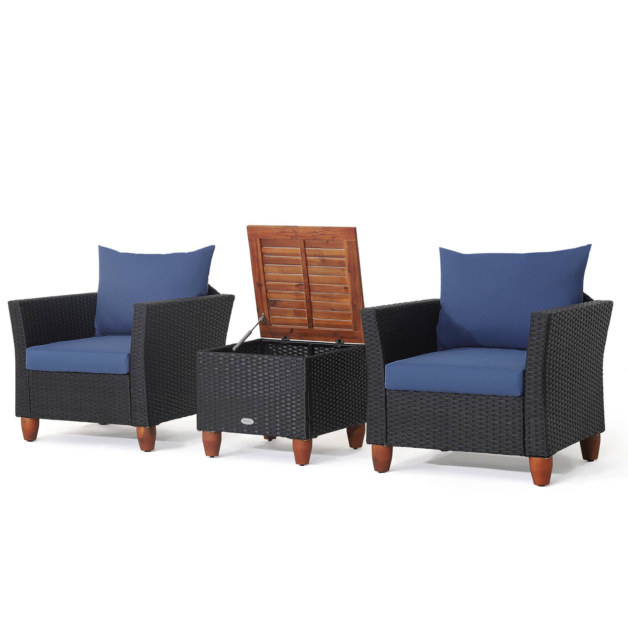 Alt View 1. Gymax - Gymax 3PCS Patio Rattan Conversation Furniture Set Yard Outdoor w/ Navy Cushions - Navy.