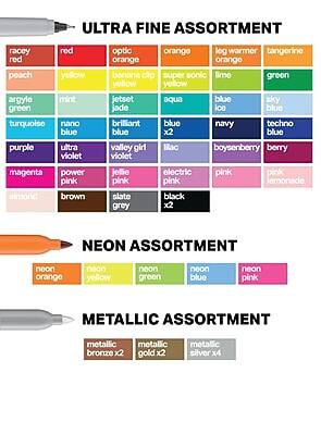 **ULTRA FINE ASSORTMENT**
- Racy Red
- Red
- Peach
- Yellow
- Banana Clip Yellow
- Optic Orange
- Super Sonic Yellow
- Orange
- Leg Warmer Orange
- Tangerine
- Lime Green
- Green
- Aqua
- Blue Ice
- Sky Blue
- Argyle Green
- Mint Green
- Jetset Jade
- Brilliant Blue
- Navy
- Techno Blue
- Turquoise
- Nano Blue
- Valley Girl Violet
- Ilac
- Boysenberry Berry
- Purple
- Ultra Violet
- Magenta
- Power Pink
- Jellie Pink
- Electric Pink
- Pink Lemonade
- Almond
- Brown
- Slate Grey
- Black x2

**NEON ASSORTMENT**
- Neon Orange
- Neon Yellow
- Neon Green
- Neon Blue
- Neon Pink

**METALLIC ASSORTMENT**
- Metallic Bronze x2
- Metallic Gold x2
- Metallic Silver x4