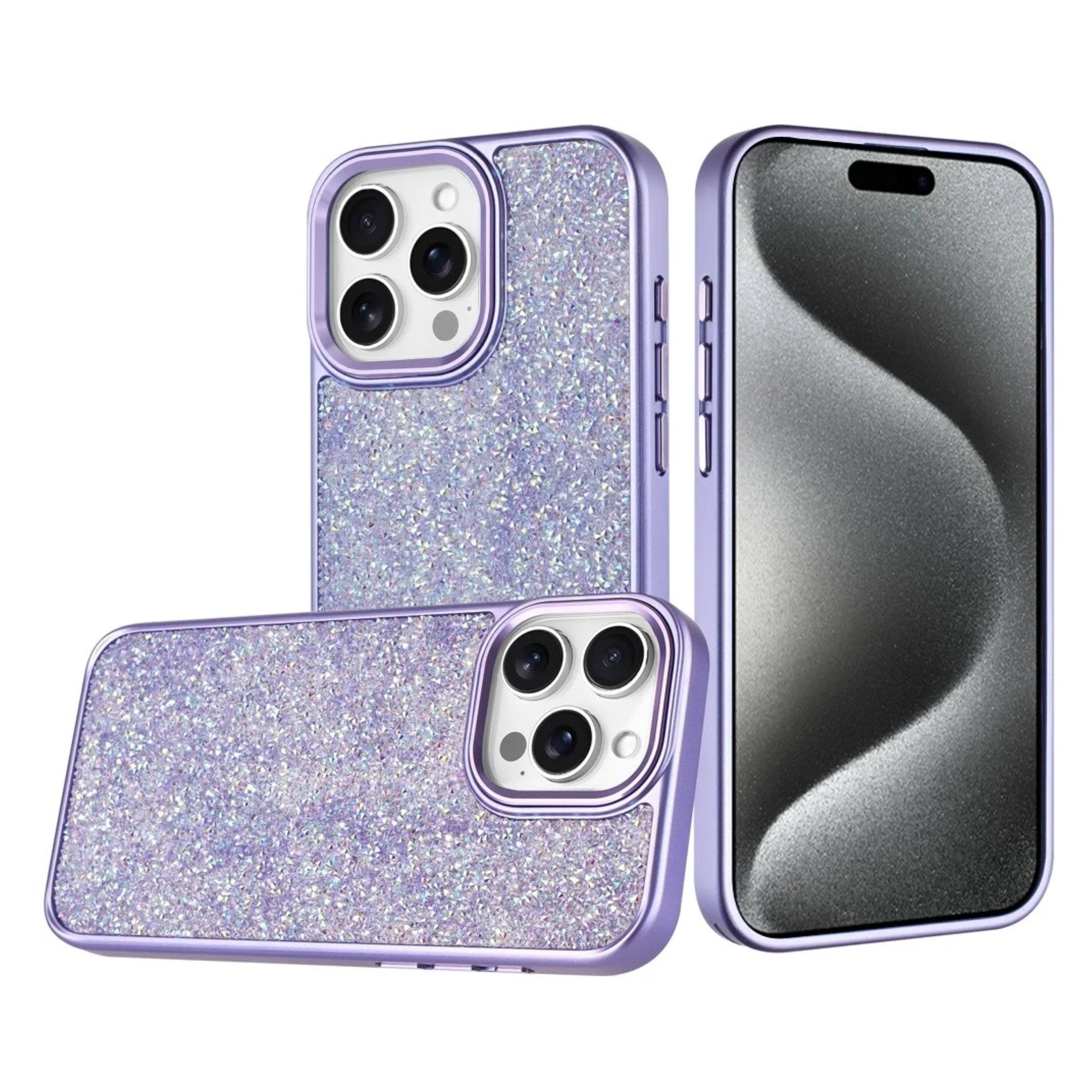 Angle. Kitcheniva - Full Crystal Bling Metallic Buttons Phone Case With 2 Pcs Tempered Glass For iPhone 15 Pro Max Dark Purple - Dark Purple.