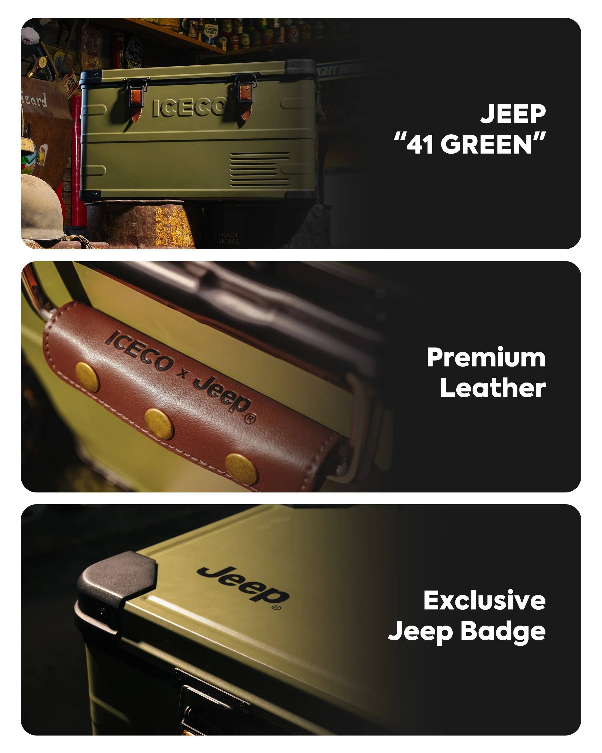 - ICECO
- JEEP "41 GREEN"
- ICECO x Jeep
- Premium Leather
- Exclusive Jeep Badge