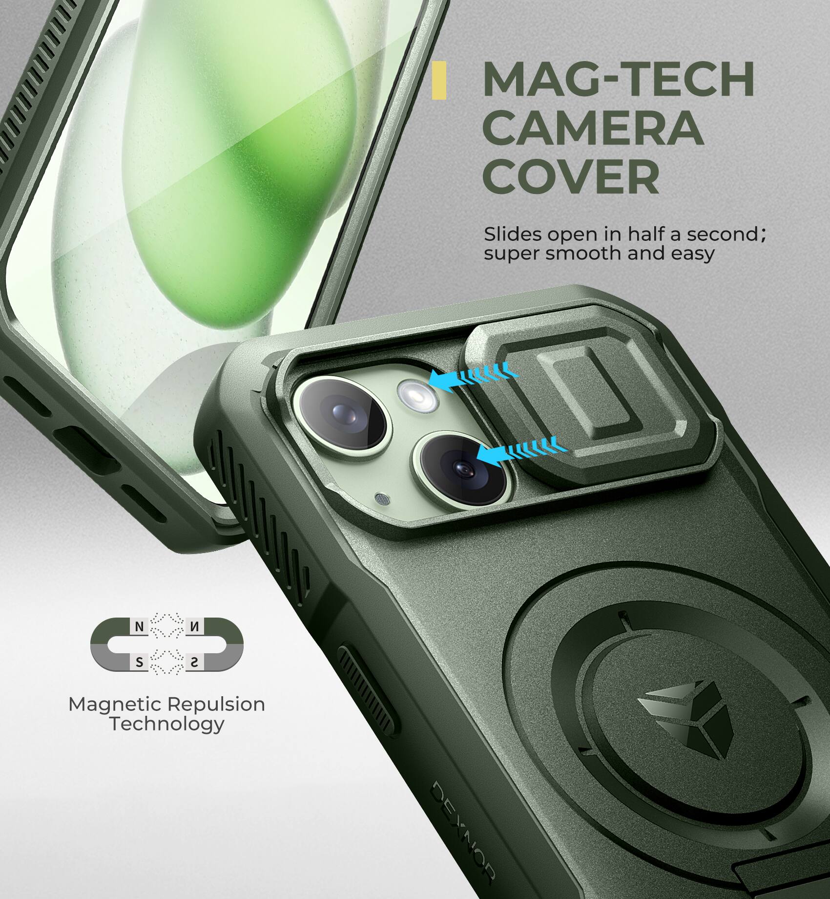 MAG-TECH CAMERA COVER Slides open in half a second; super smooth and easy

Magnetic Repulsion Technology

DEVNOD