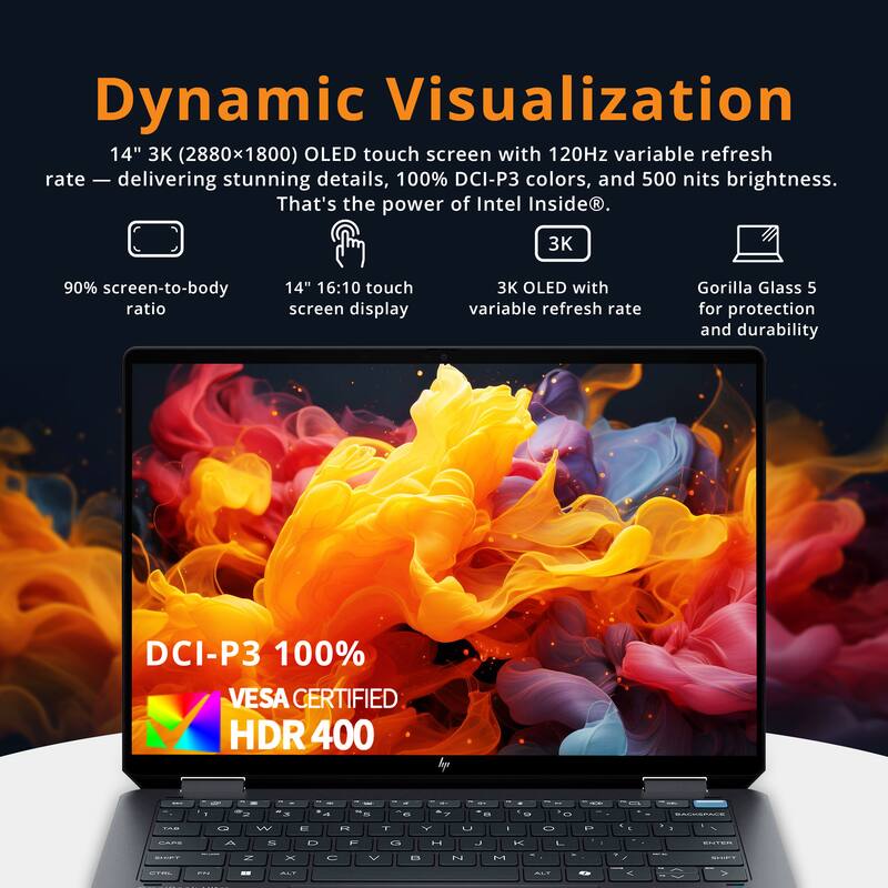 Dynamic Visualization  
14" 3K (2880x1800) OLED touch screen with 120Hz variable refresh rate - delivering stunning details, 100% DCI-P3 colors, and 500 nits brightness. That's the power of Intel Inside.  
- 90% screen-to-body ratio  
- 14" 16:10 touch screen display  
- 3K OLED with variable refresh rate  
- Gorilla Glass 5 for protection and durability  
- DCI-P3 100%  
- VESA CERTIFIED HDR 400