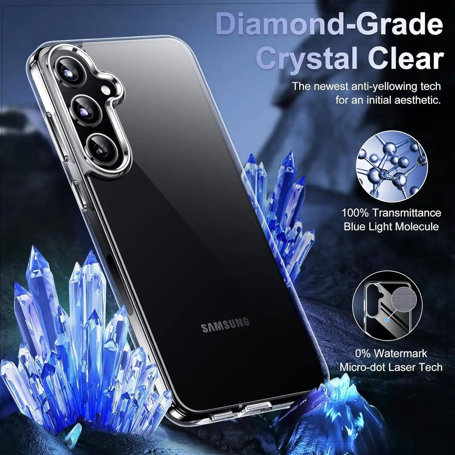 Diamond-Grade Crystal Clear  
The newest anti-yellowing tech for an initial aesthetic.  

100% Transmittance Blue Light Molecule  

SAMSUNG  

0% Watermark Micro-dot Laser Tech