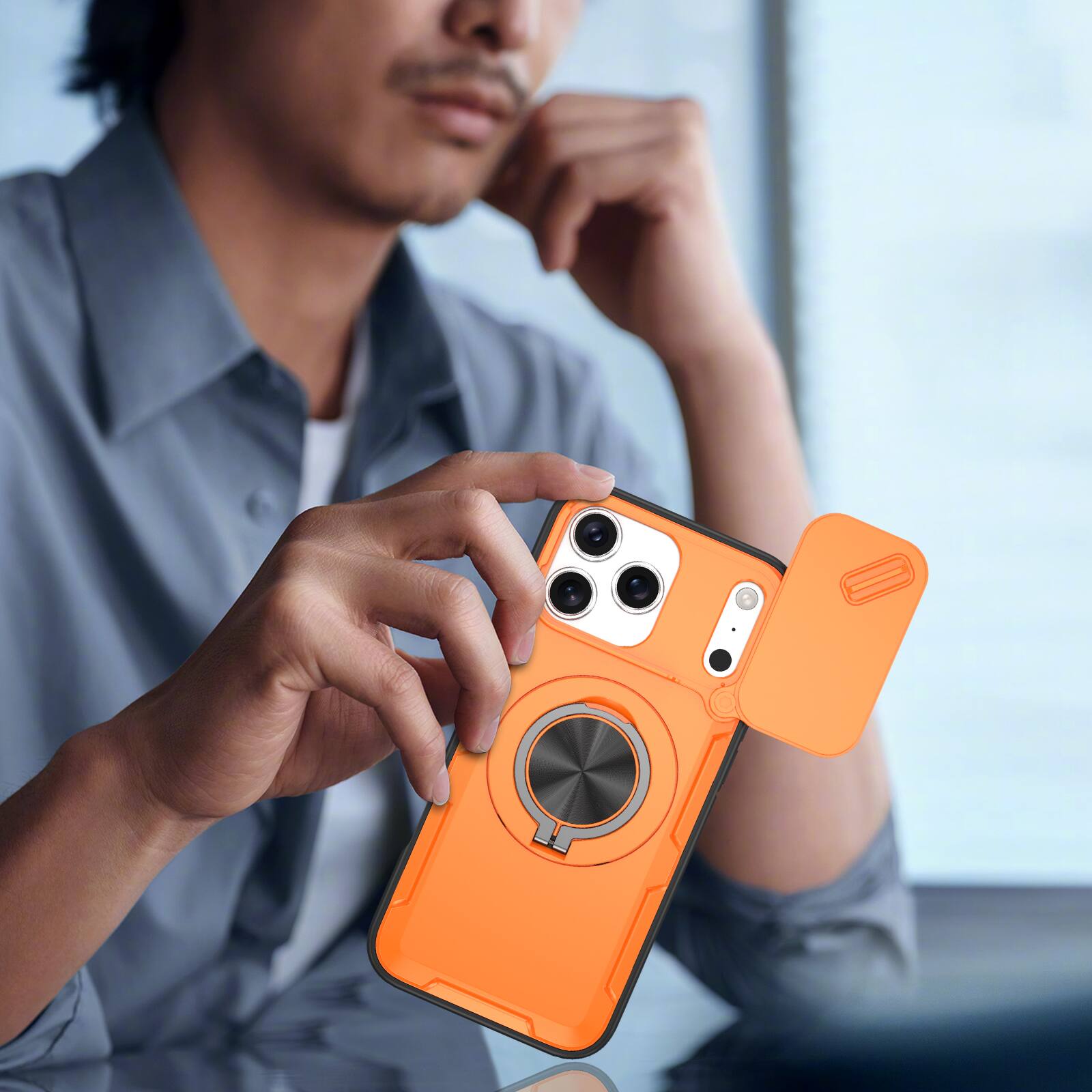 Alt View 4. UUCOVER - For Apple iPhone 17 Pro Max Magnetic Case with Slide Camera Cover, Rotatable Ring Kickstand, Heavy Duty Shockproof Shell - Orange.
