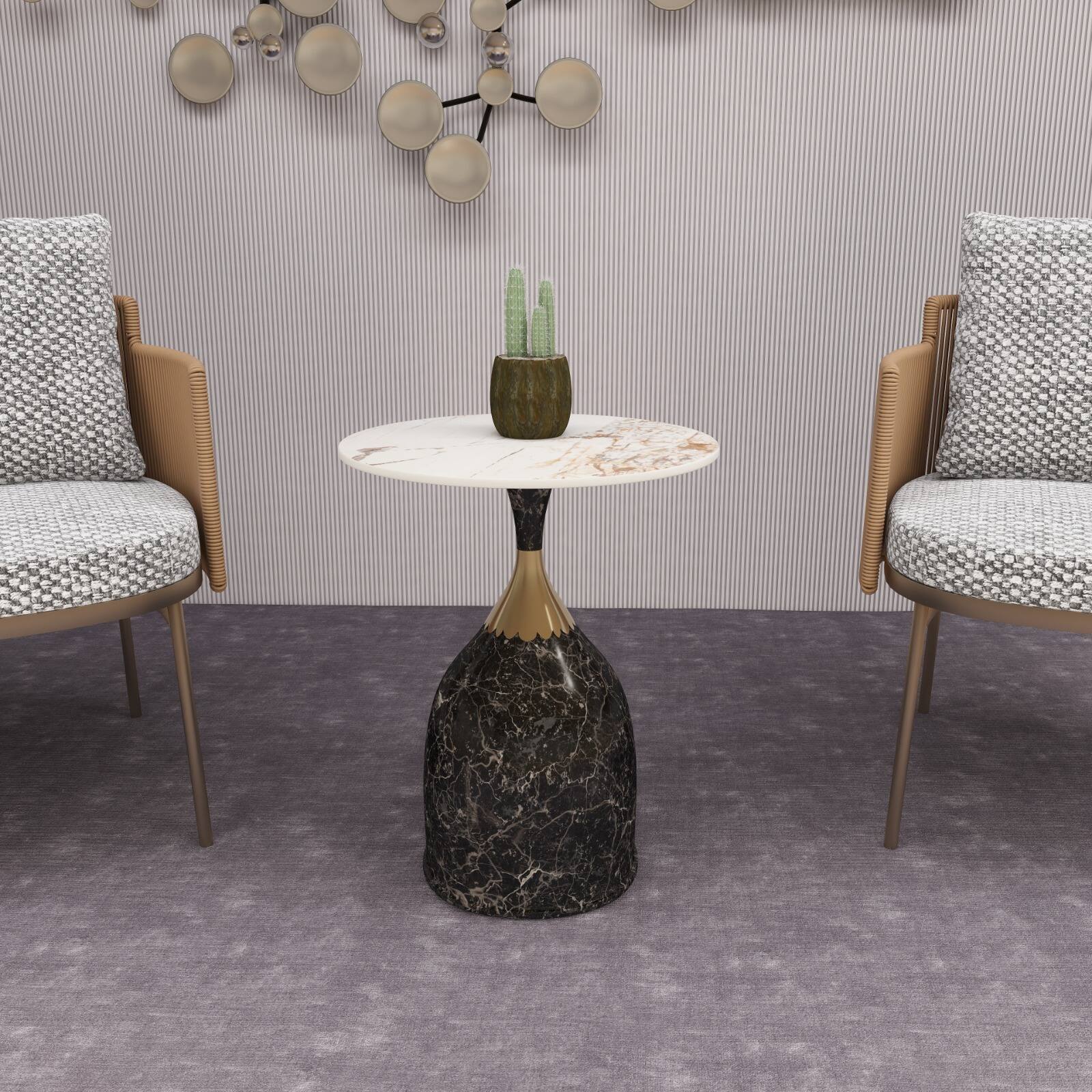 Left. LeisureMod - Modern Bell-Shaped Steel Top Accent Table with Powder Coated Finish for Living Room or Office - Marbled Brown.