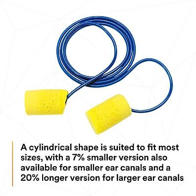 A cylindrical shape is suited to fit most sizes, with a 7% smaller version also available for smaller ear canals and a 20% longer version for larger ear canals.