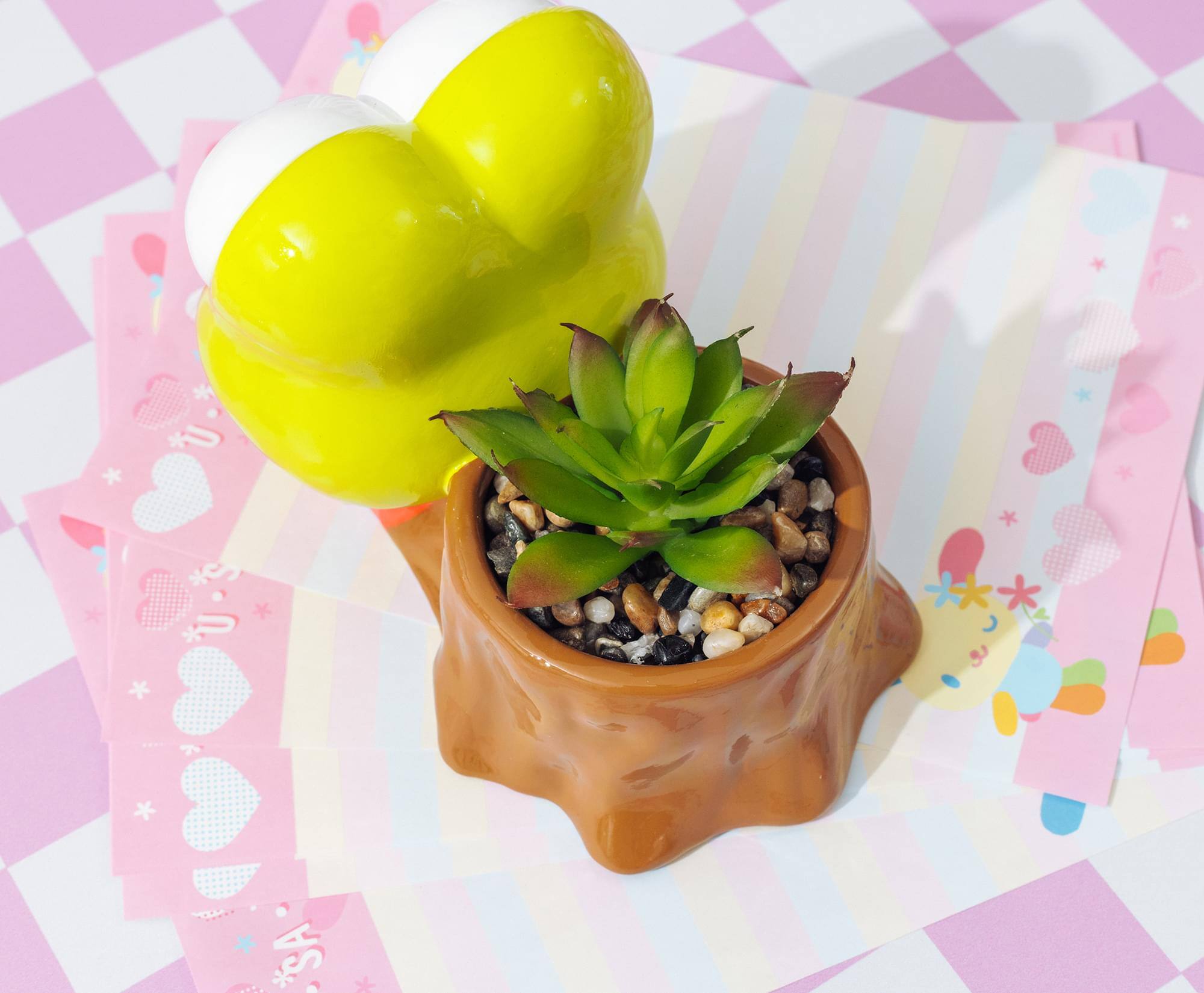 Alt View 4. Silver Buffalo - Sanrio Keroppi Stump 4-Inch Ceramic Mini Planter With Artificial Succulent - Yellow.