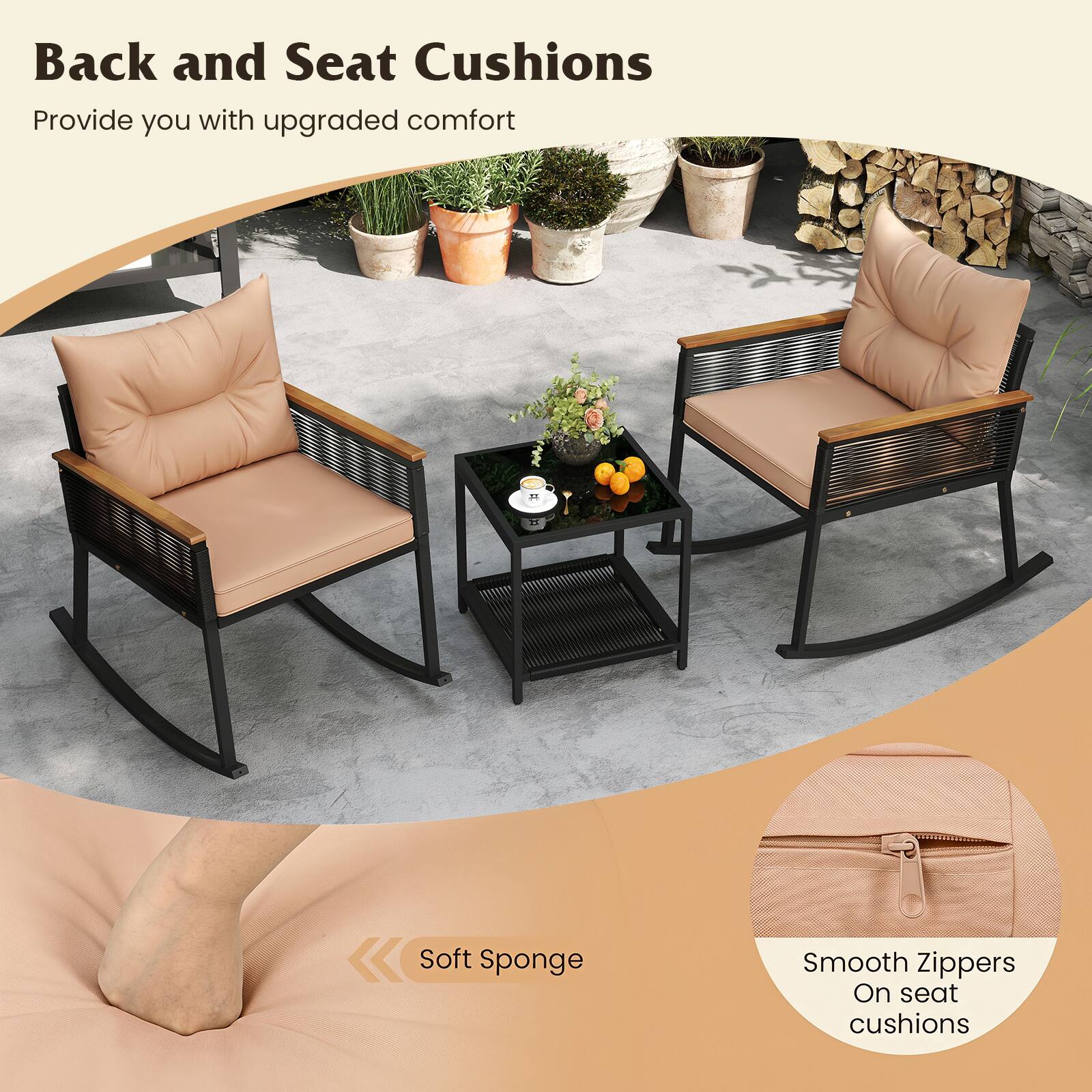 Back and Seat Cushions  
Provide you with upgraded comfort

Soft Sponge

Smooth Zippers On seat cushions