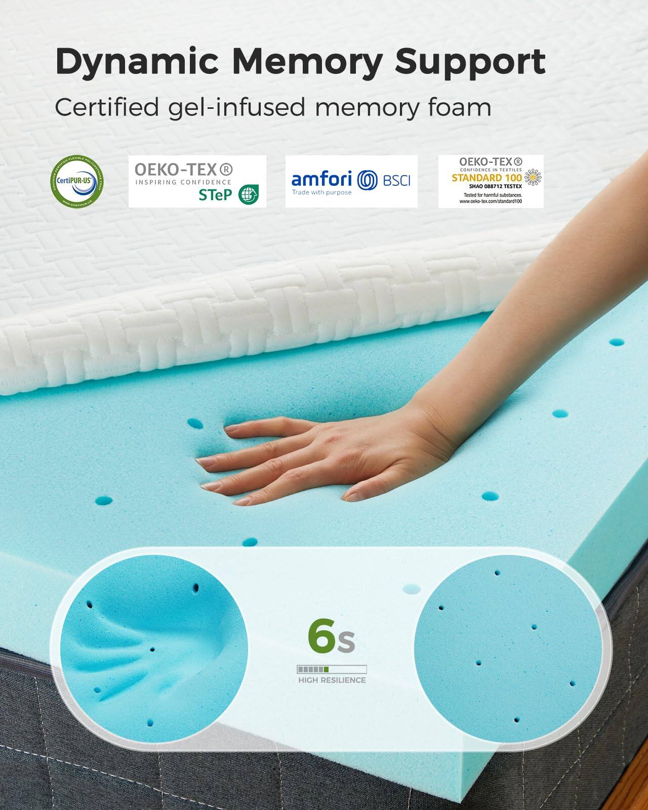 Dynamic Memory Support  
Certified gel-infused memory foam  

- CertiPUR-US  
- OEKO-TEX®  
  INSPIRING CONFIDENCE  
  STANDARD 100  
  SHAO 0887 12 TE 15  
  Tested for harmful substances  
  www.oeko-tex.com/standard100  
- amfori  
  Trade with purpose  
- BSCI  
- STEP  

6s  
HIGH RESILIENCE