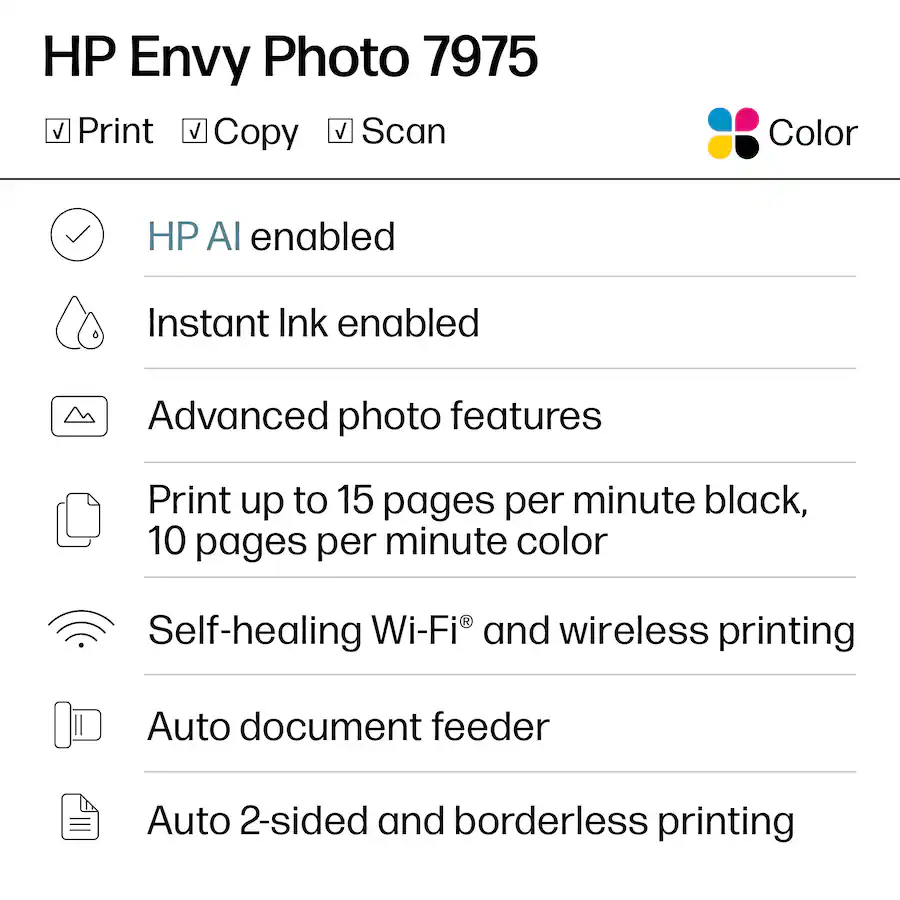 HP Envy Photo 7975 Wireless AI Enabled All in One Inkjet Printer w/ 3 ...
