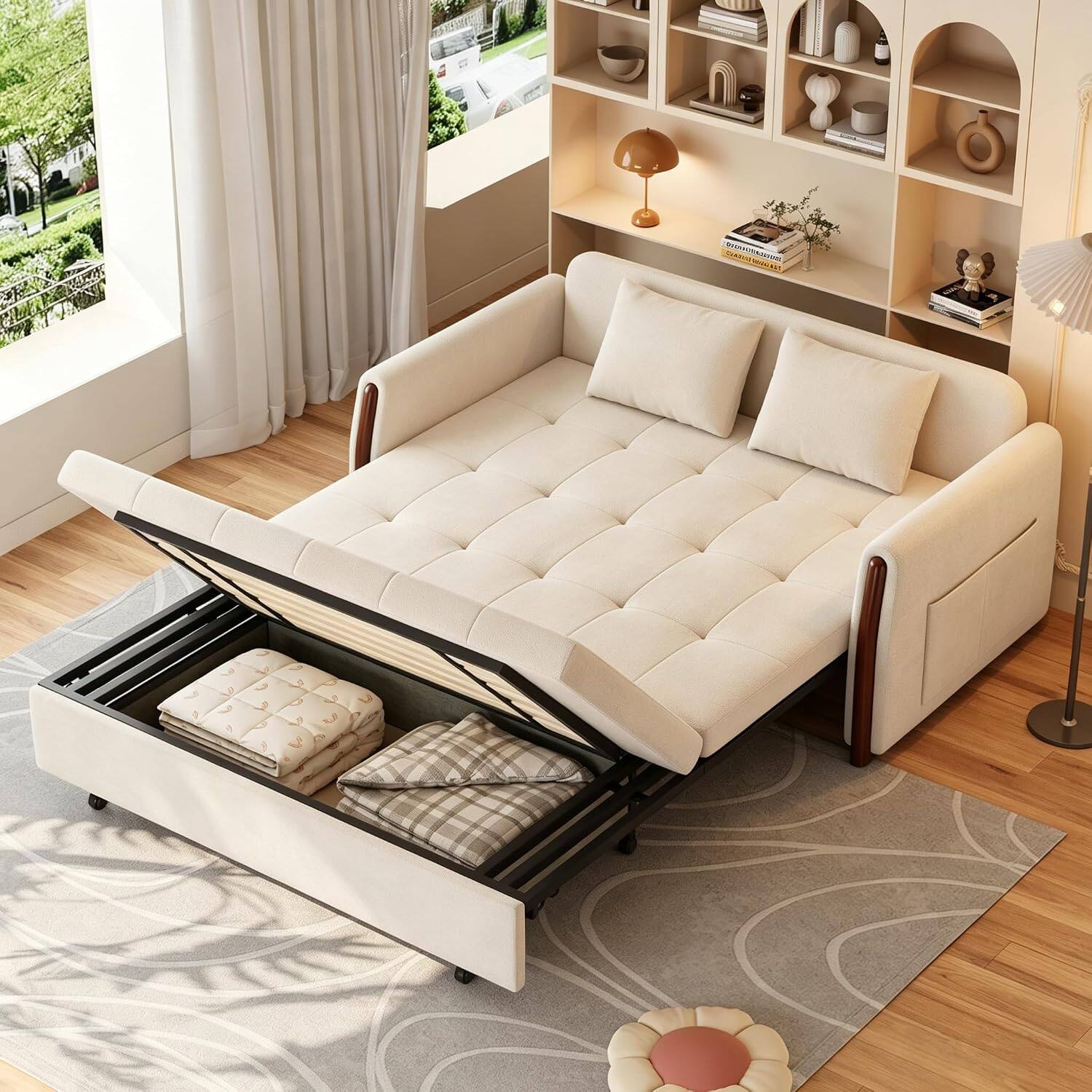 Back. luck idea - Pull‑Out Sleeper Sofa, 63‑inch Beige Convertible Sofa Bed with Storage, Side Pockets & 2 Throw Pillows - white.