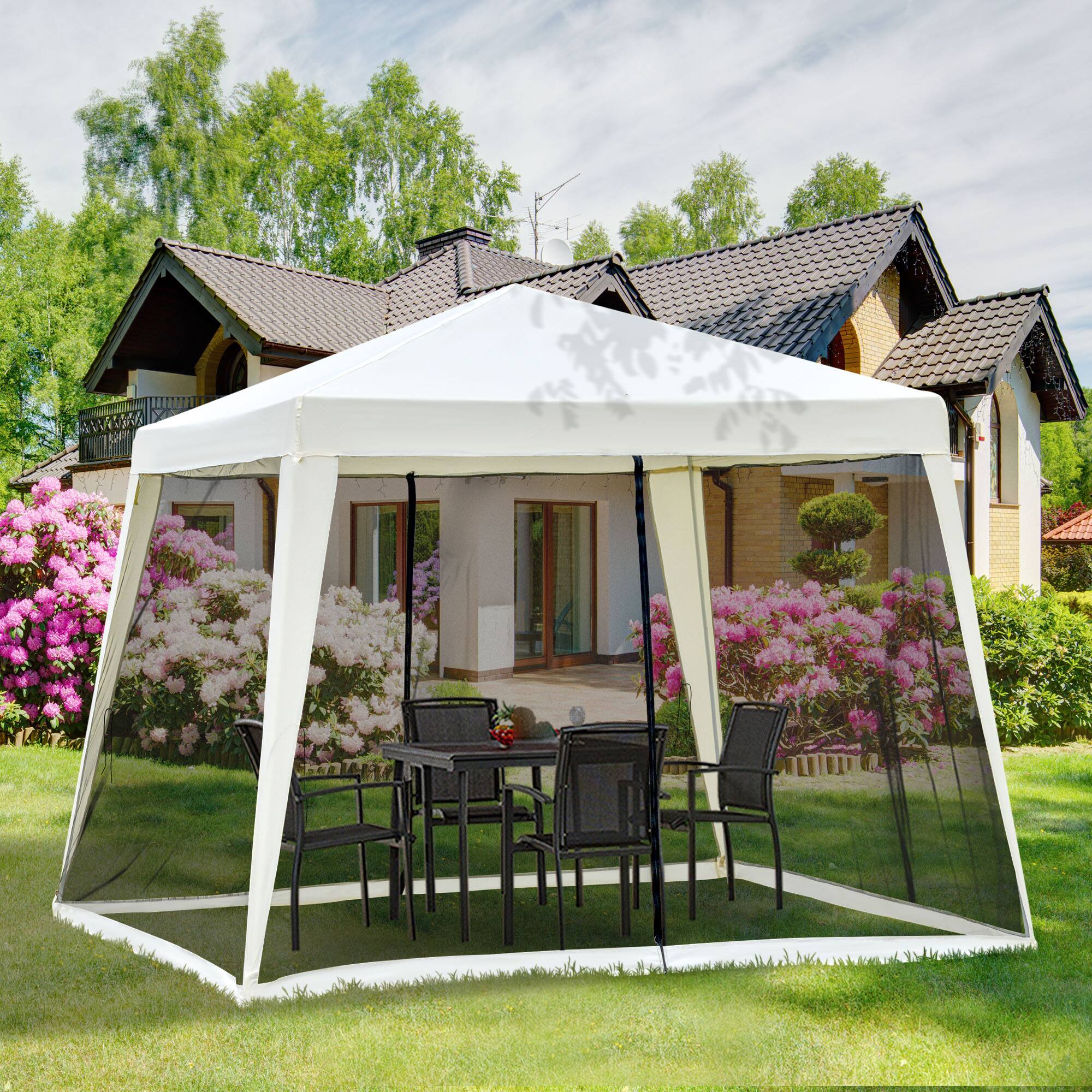 Alt View 1. Outsunny - Outdoor Party Tent Canopy with Mesh Sidewalls - Cream White.
