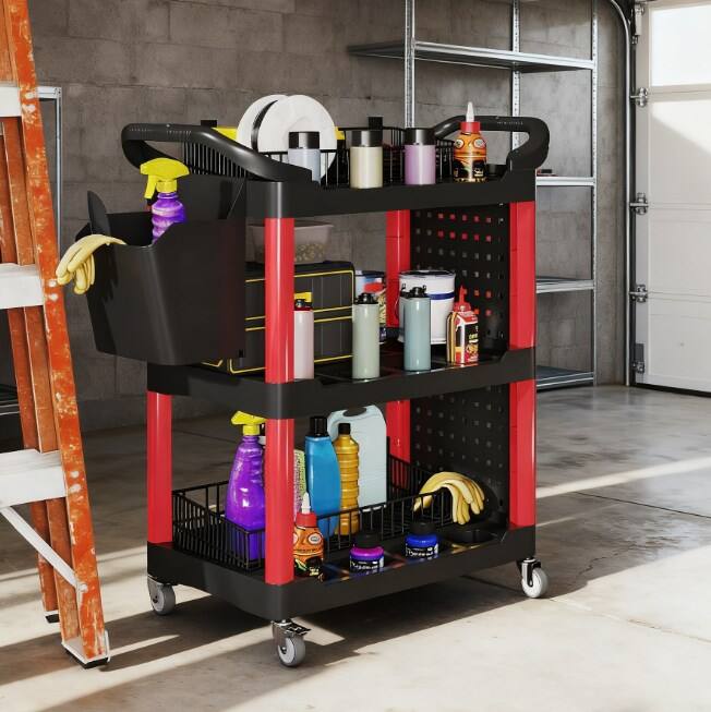 Alt View 3. HOMLUX - 39.00 in. W 3-Tier Rolling Tool Cart 200 LBS Capacity Plastic Utility Cart with Side Shelf and Storage Bucket - Black.