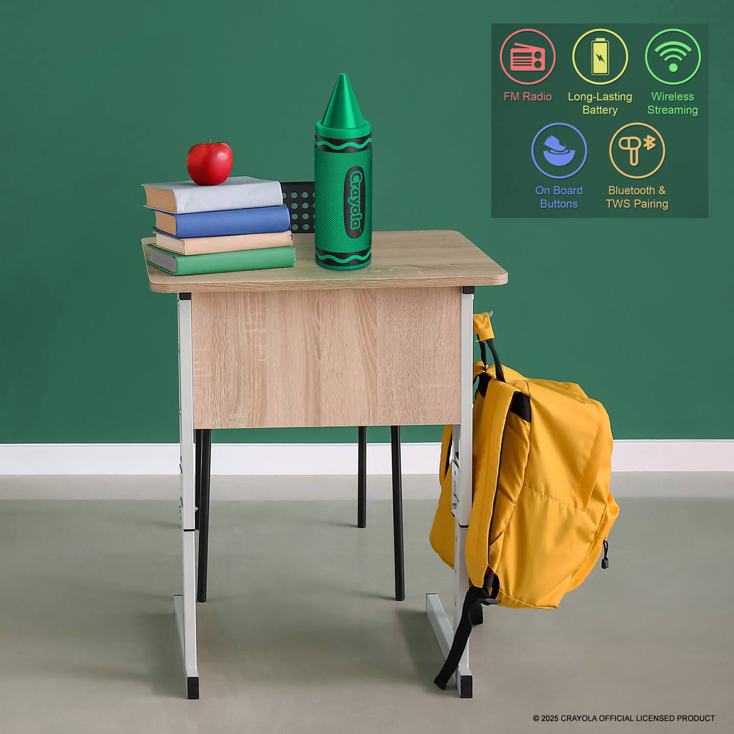 FM Radio  
Long-Lasting Battery  
Wireless Streaming  
On Board Buttons  
Bluetooth & TWS Pairing  

© 2025 CRAYOLA OFFICIAL LICENSED PRODUCT