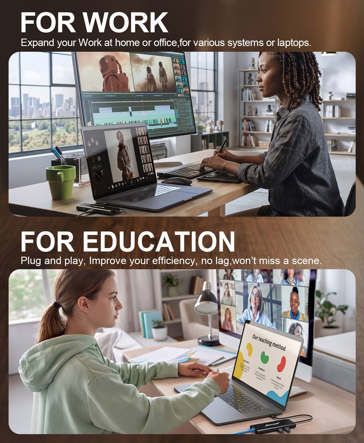 FOR WORK  
Expand your Work at home or office, for various systems or laptops.

FOR EDUCATION  
Plug and play, Improve your efficiency, no lag, won't miss a scene.  
Our teaching method