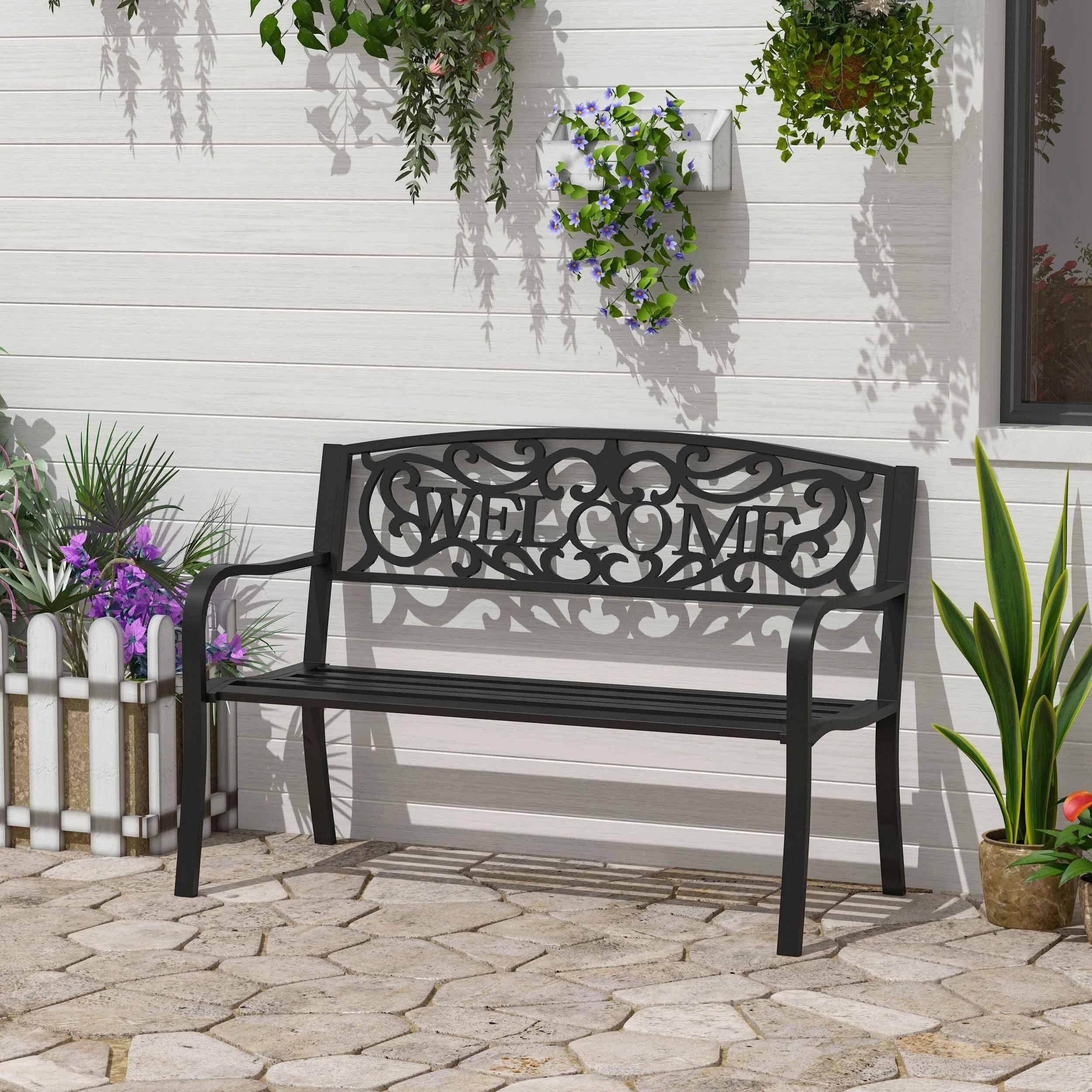 Alt View 4. Resenkos - Resenkos 50" Outdoor Bench, Cast Iron Decorative Bench, 2-Person Loveseat, Patio Bench for Backyard, Porch, Black - Black.