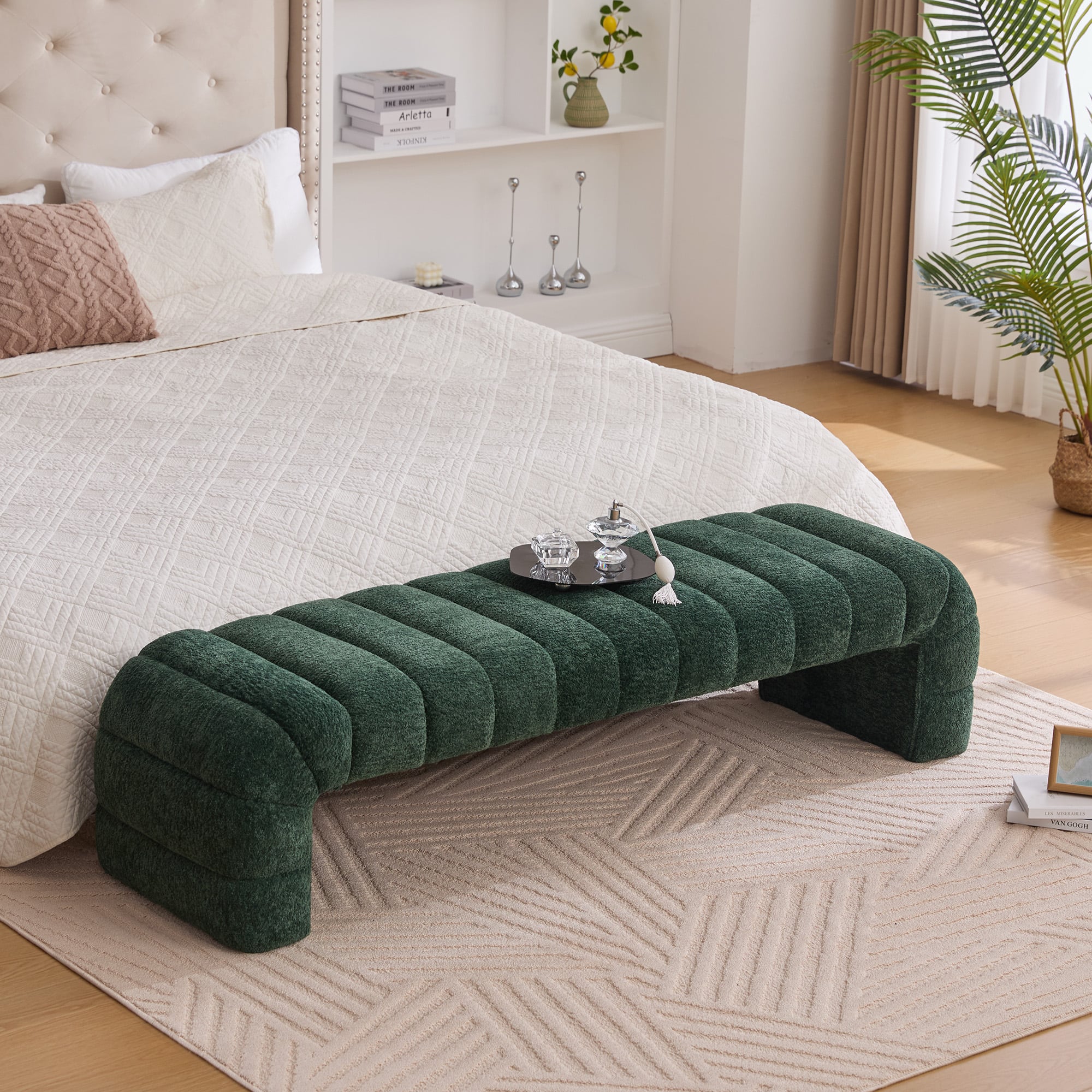 TinyHomie - 69W Modern Upholstered Armless Bed Bench Channel Tufted - Green