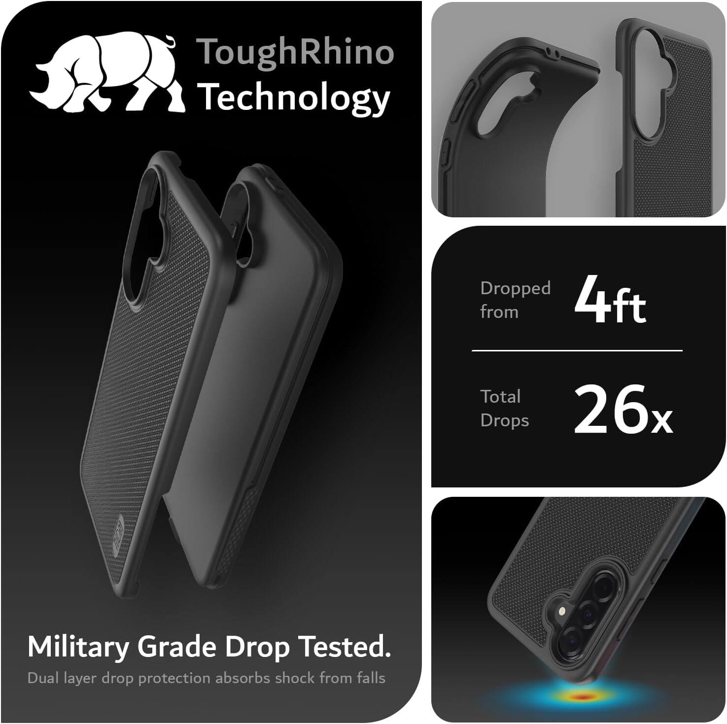 ToughRhino Technology

Dropped from 4ft  
Total Drops 26x

Military Grade Drop Tested.  
Dual layer drop protection absorbs shock from falls