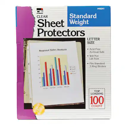 #48241
CLEAR Standard Weight Sheet Protectors
LETTER SIZE
- Acid Free
- Archival Safe
- Will Not Lift Print
- Fits Standard 3 Ring Binders
TOP LOADING
100 COUNT
Regional Sales Analysis
1st Qtr 2nd Qtr 3rd Qtr 4th Qtr
North South East West
50 Years