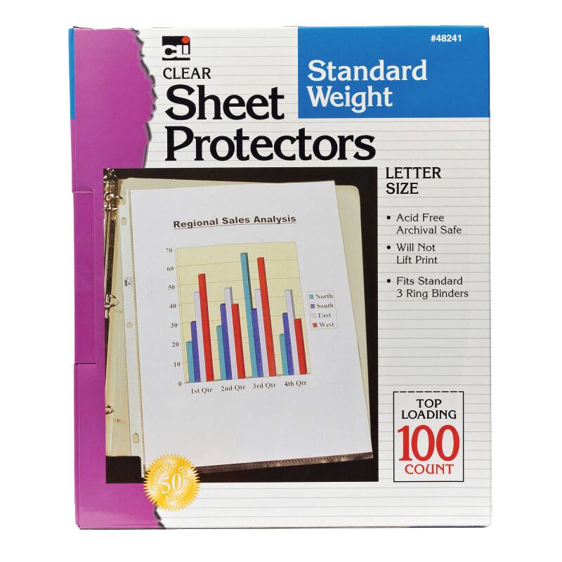 #48241  
CLEAR Standard Weight Sheet Protectors  
LETTER SIZE  
- Acid Free  
- Archival Safe  
- Will Not Lift Print  
- Fits Standard 3 Ring Binders  
TOP LOADING  
100 COUNT  

Regional Sales Analysis  
1st Qtr 2nd Qtr 3rd Qtr 4th Qtr  
North South East West  

50 Years