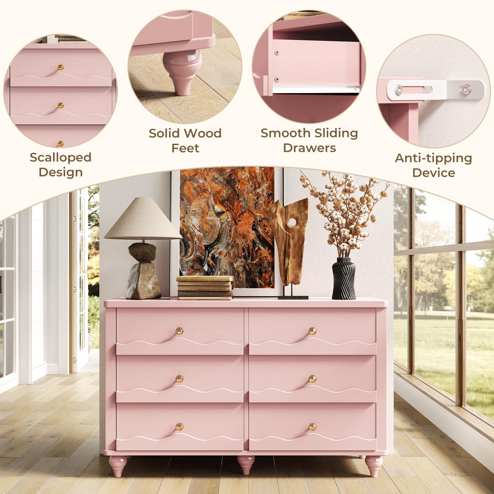 light pink dresser Anbuy Scalloped for Bedroom Girls Organizer Storage with Drawers, 6 Drawer Dresser Modern Wide Chest of Drawers, Fluted Petal Pattern Large Storage Cabinet for Living Room, Porch : Home suited for all your storage needs Making A Pink Dresser |