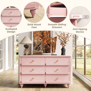 pink bedroom dresser Anbuy Large 6 Drawer Dresser for Bedroom, Chest of Drawer with 6 Wide Drawers Wood Storage Cabinet Organizer with Metal Gold Legs for Bedroom, Living Room, Entryway : Home Cabriole legs Aheaplus 43 inch Modern 6