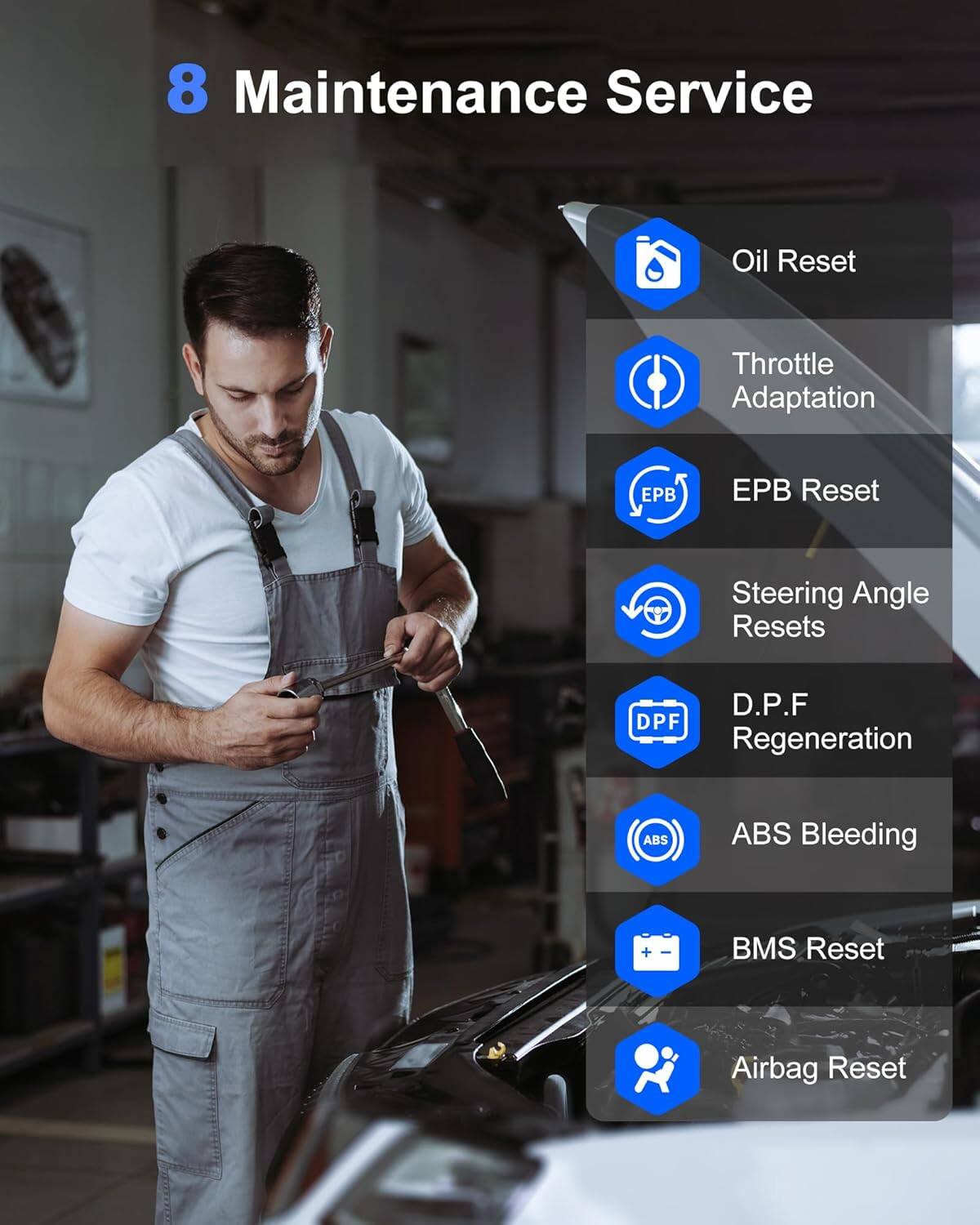 8 Maintenance Service  
- Oil Reset  
- Throttle Adaptation  
- EPB Reset  
- Steering Angle Resets  
- D.P.F Regeneration  
- ABS Bleeding  
- BMS Reset  
- Airbag Reset
