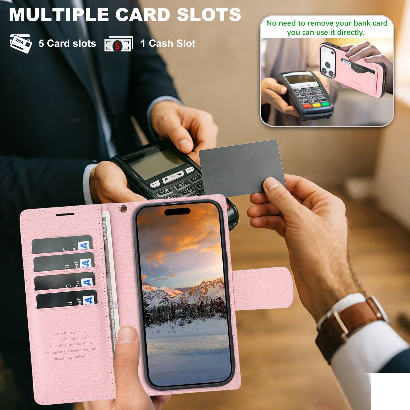MULTIPLE CARD SLOTS  
5 Card slots  
1 Cash Slot  

No need to remove your bank card, you can use it directly.  

More than a Case  
The attitude to life  
HouanCese Designed for the discerning individual
