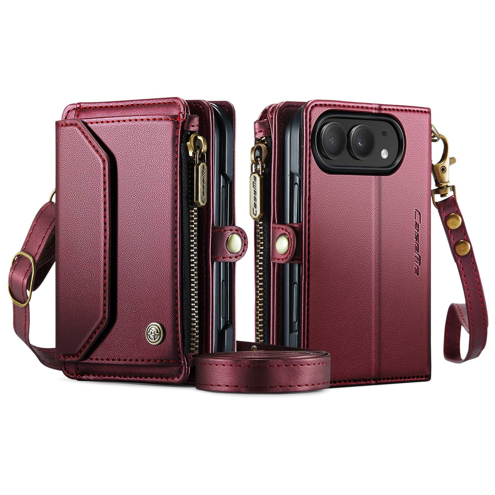 Angle. UUCOVER - Magnetic Zipper Wallet Case for Apple iPhone Duo Leather Card Slots RFID Blocking Stand Cover with Shoulder/Wrist Strap - Winered.