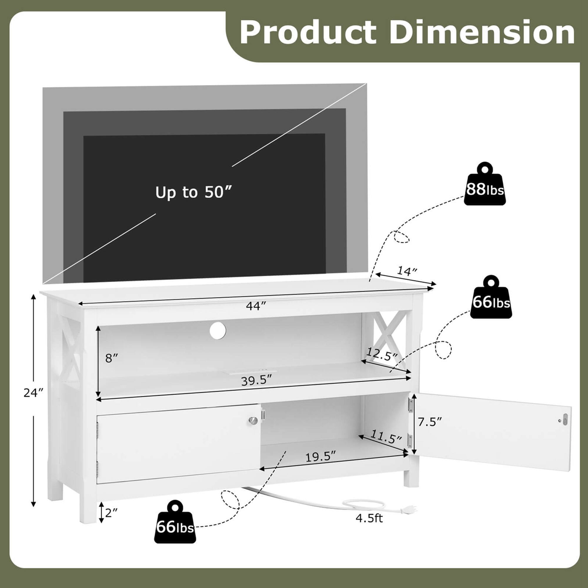 Product Dimension: Up to 50" 88lbs 14" 44" 66lbs 24" 8" 39.5" 12.5" 19.5" 7.5" 11.5" 2" 2 66lbs 4.5ft