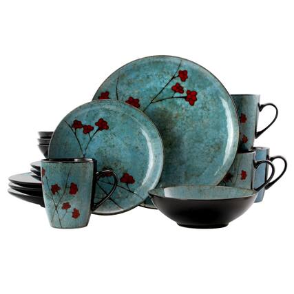 Front. Elama - Elama Floral Accents 16 Piece Dinnerware Set in Blue - Blue.