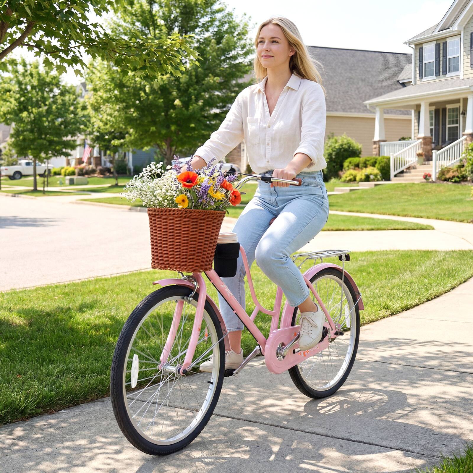 Alt View 3. Gymax - Gymax Beach Cruiser Bike 24-Inch Commuter Bike w/Adjustable Seat Woven Basket for City - Pink.