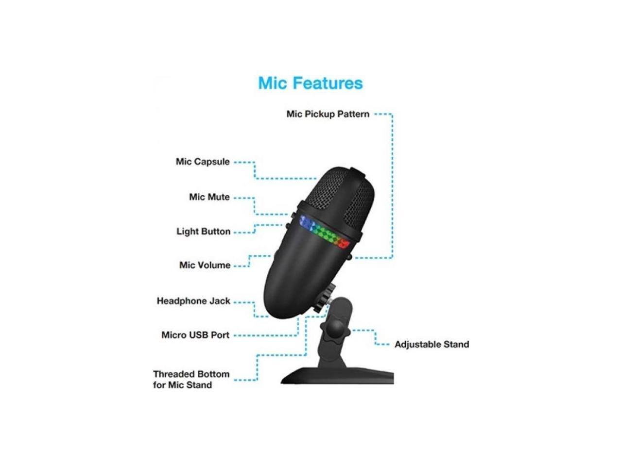Mic Features

- Mic Pickup Pattern
- Mic Capsule
- Mic Mute
- Light Button
- Mic Volume
- Headphone Jack
- Micro USB Port
- Adjustable Stand
- Threaded Bottom for Mic Stand