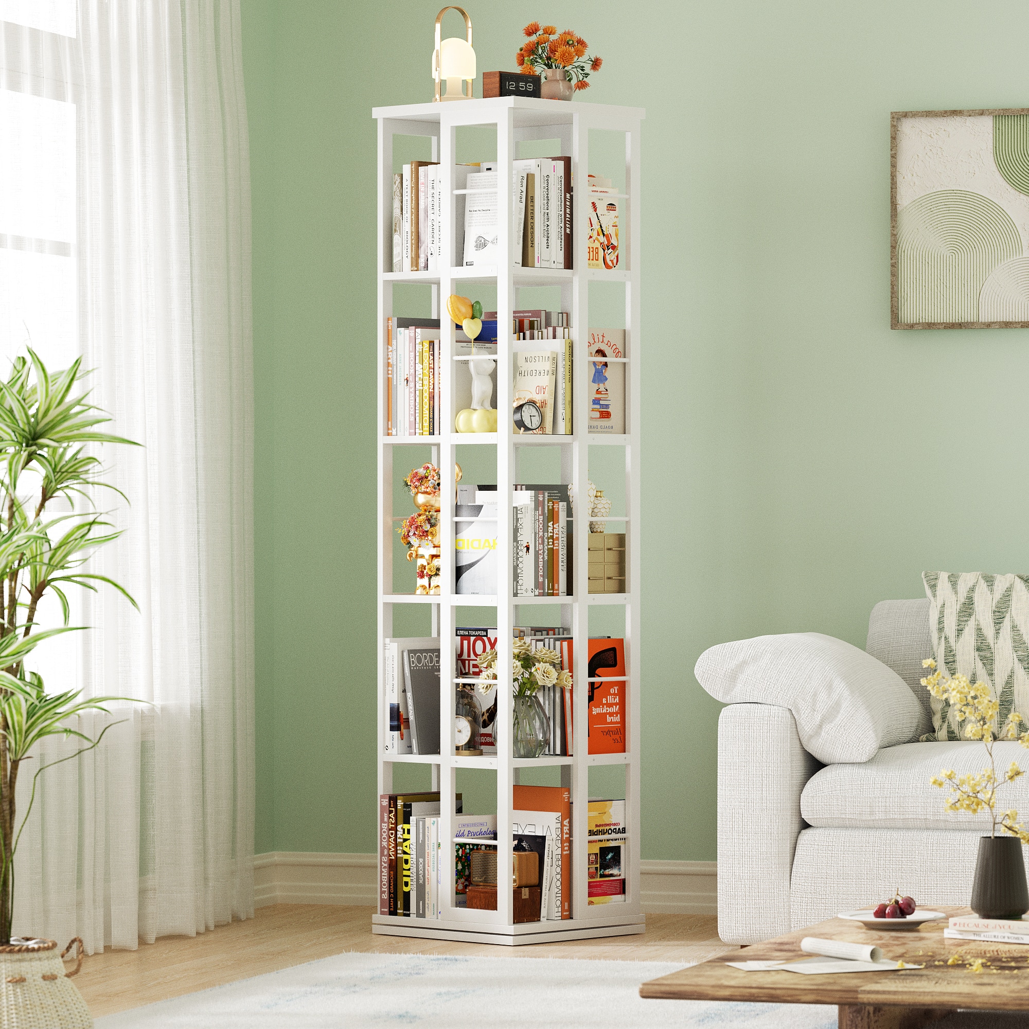 Aheaplus - 5-Tier Rotating Bookshelf, 360 Display Wood Spinning Bookshelves - White