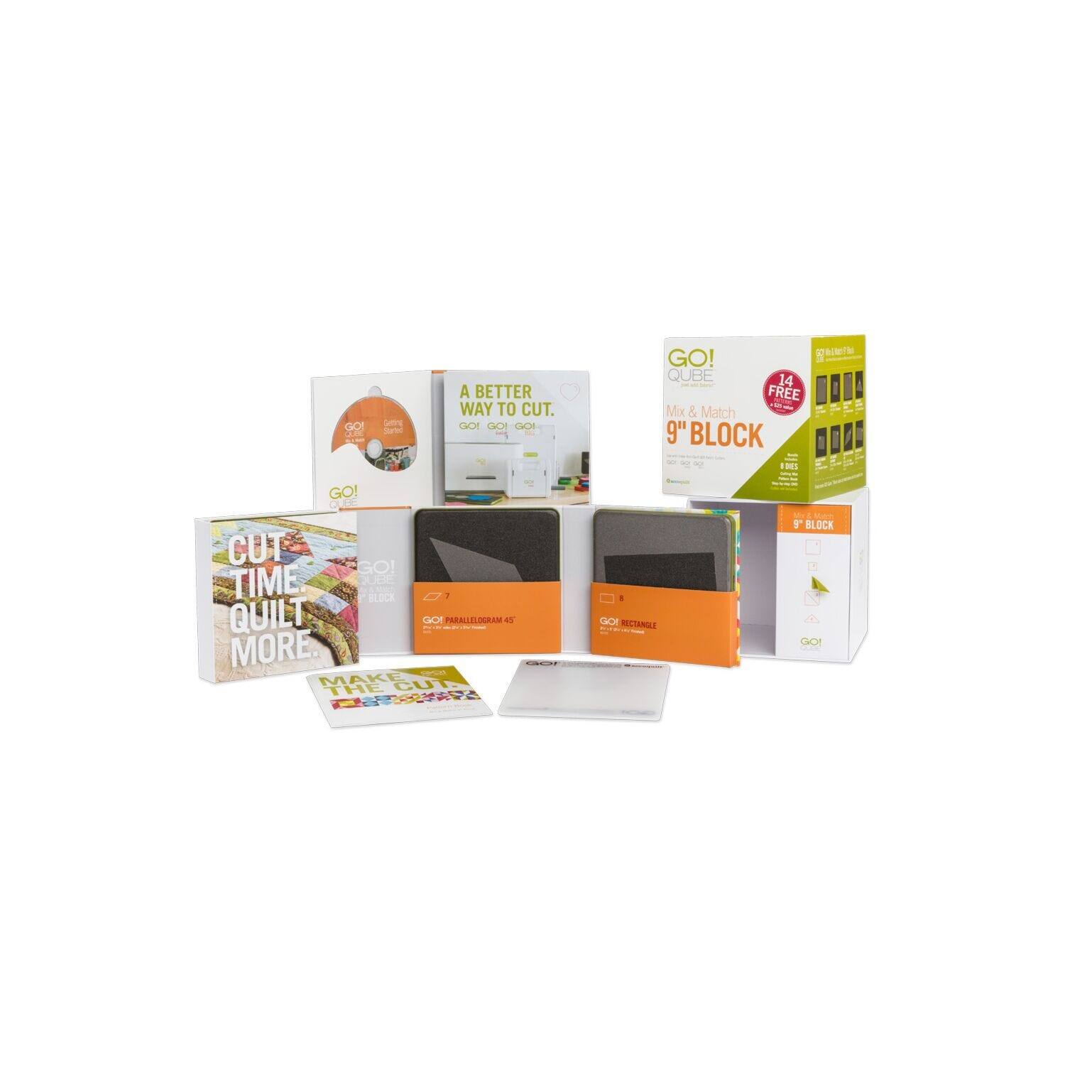 GO! A BETTER WAY TO CUT. GO! GO! GO!  
GO! QUBE 14 FREE Mix & Match 9" BLOCK  
CUT TIME QUILT MORE.  
GO! TRIPLE CUT 100 RECTANGLE BLOCK  
GO! INSTANTABLE