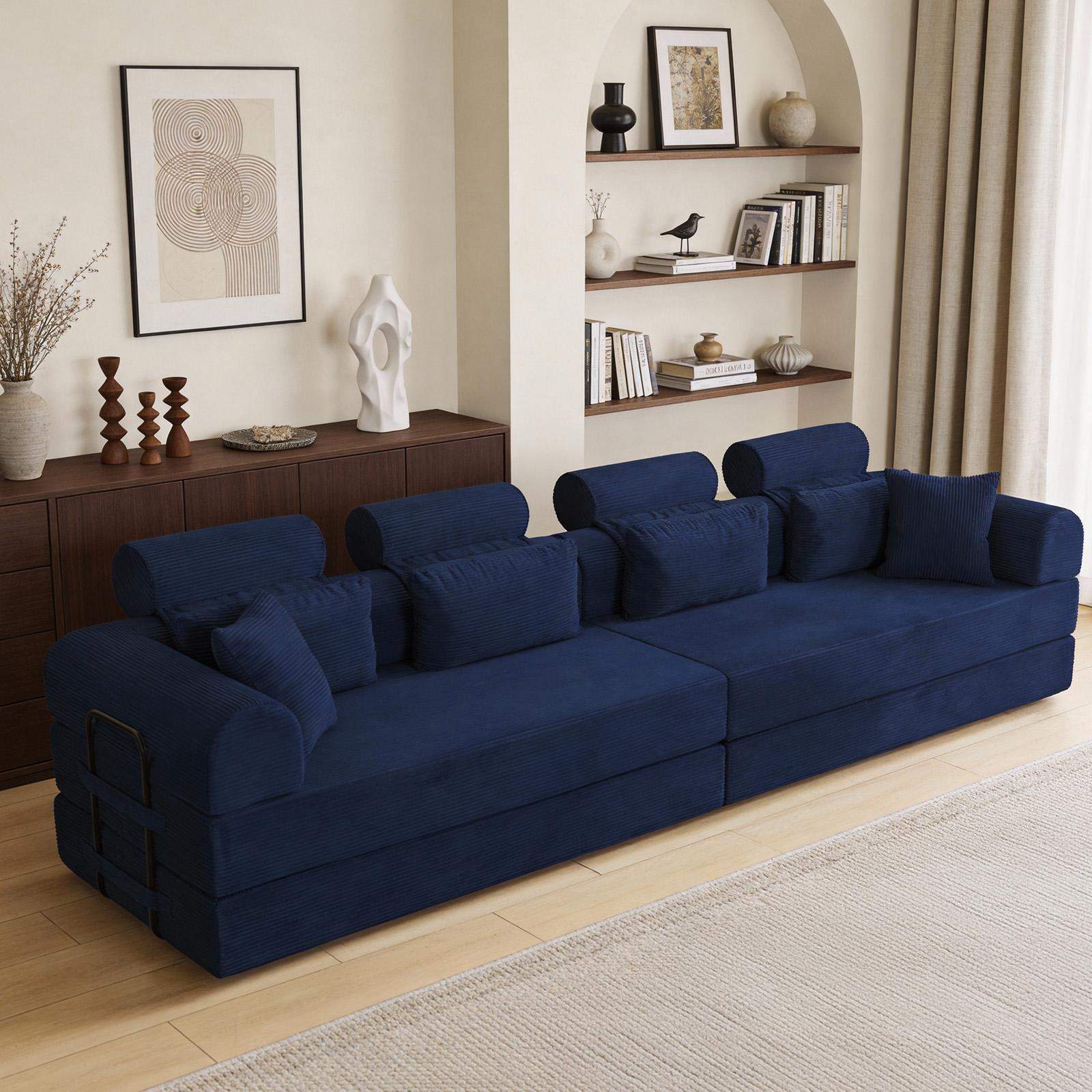 Alt View 1. Roomtec - L shape Modular Sectional Sofa Compressed Sectional Sofa Modern Minimalist Style Corduroy CouchUnfold into a bed - Blue.