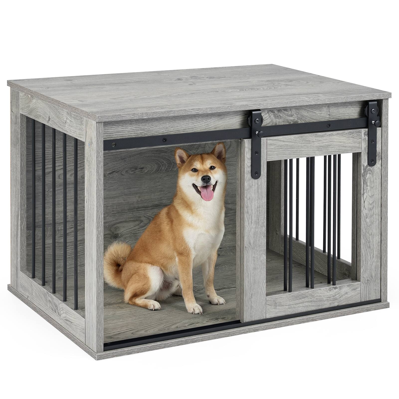 Alt View 9. Gymax - Gymax Dog Crate Furniture 31.5'' Heavy Duty Dog Kennel w/Sliding Barn Door Metal Frame Grey.