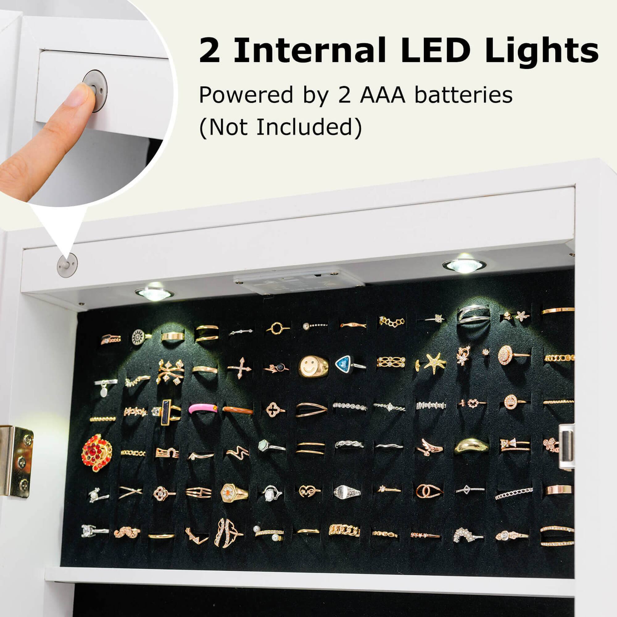 The text on the image reads: "2 Internal LED Lights Powered by 2 AAA batteries (Not Included)."