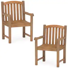 Costway - 2 PCS Teak Wood Patio Dining Chair Outdoor Armchair with Slatted Seat & Solid Legs - Natural