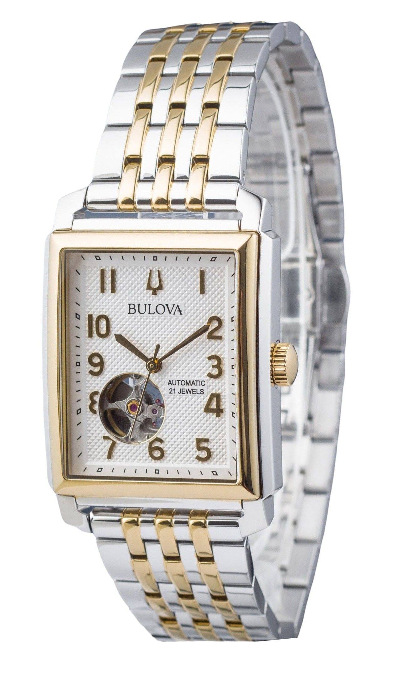 Bulova - Sutton Automatic 21 Jewels 98A308 Mens Watch Rectangle Open Heart Dial Two Tone Stainless Steel - Silver