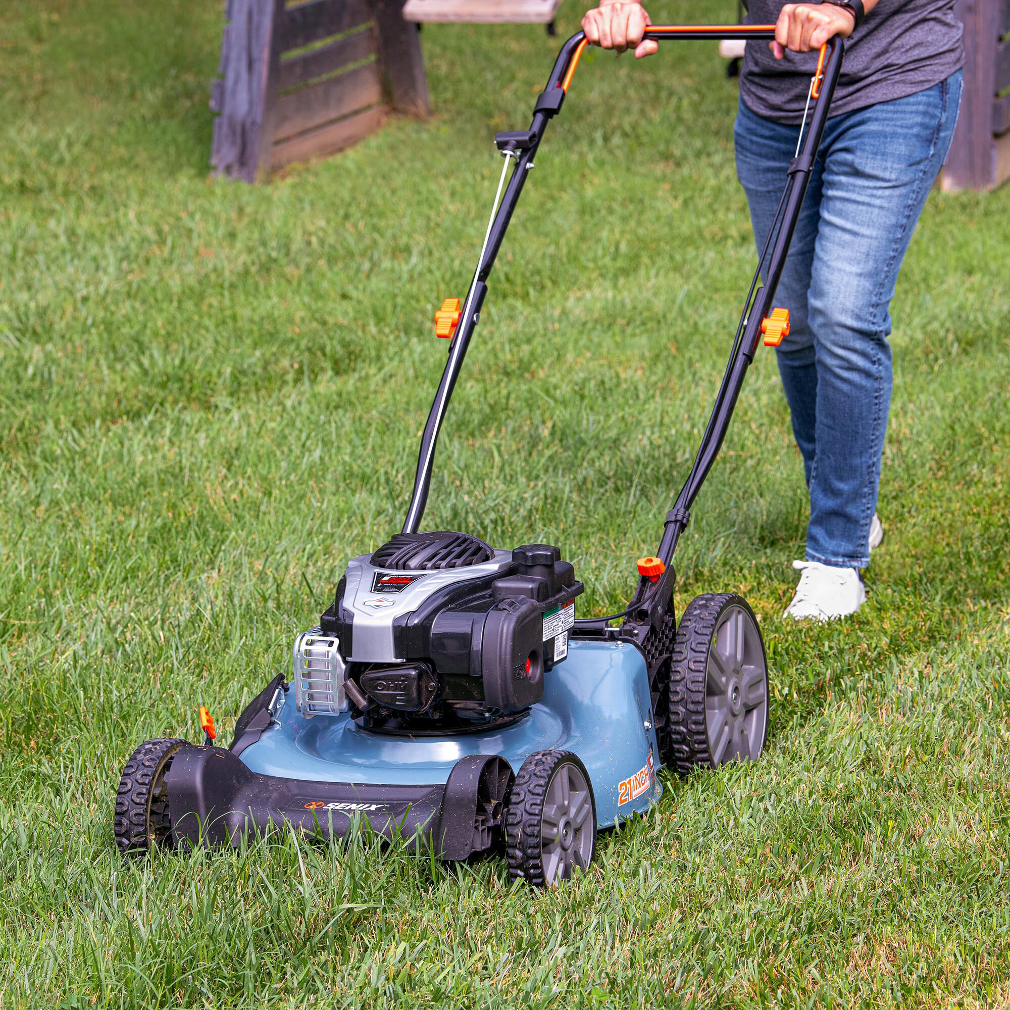 Alt View 5. SENIX - 21" 140cc 4-Cycle Briggs & Stratton Engine Gas Push Lawn Mower with 3-in-1 Mulching, Bagging, Side Discharge - Blue.