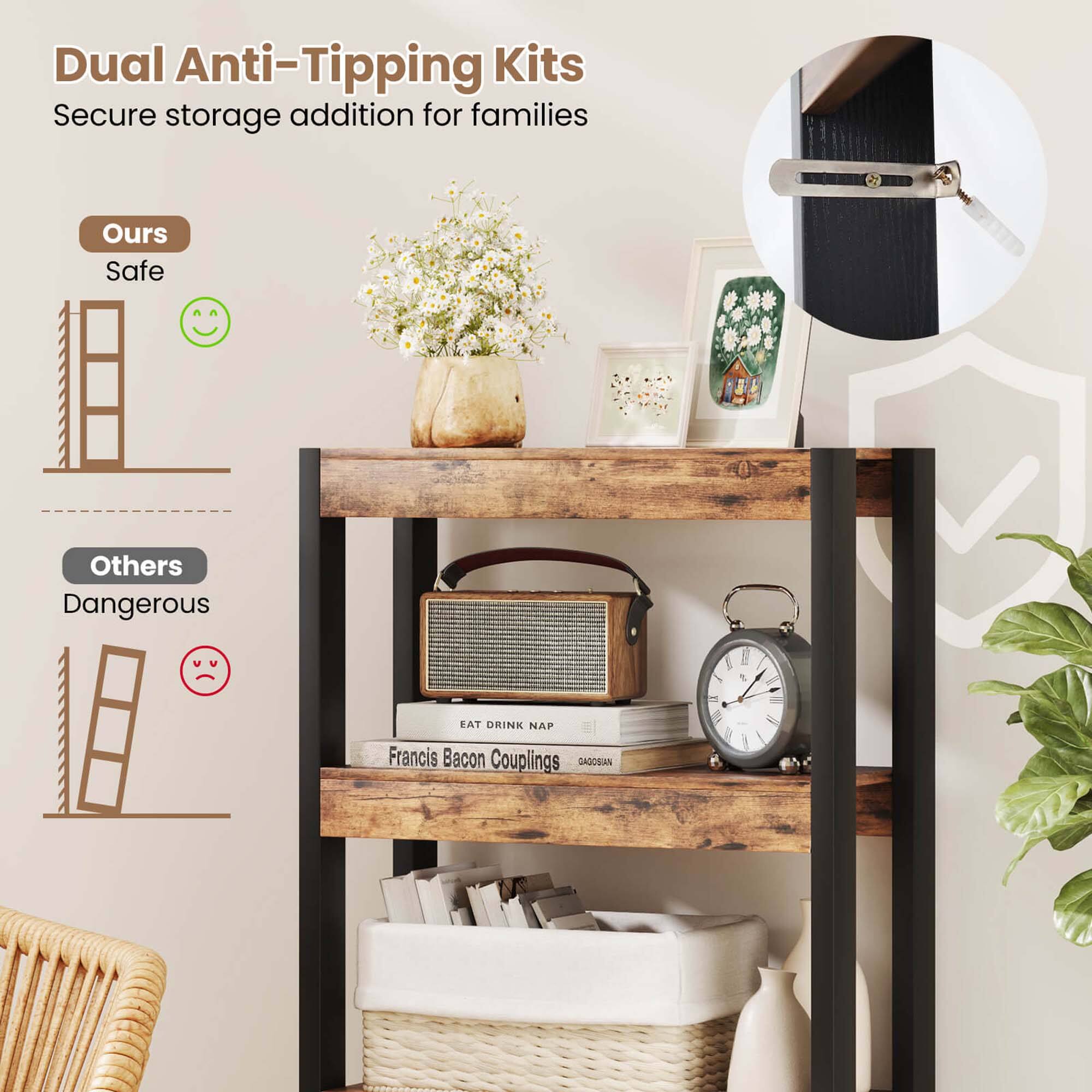 Dual Anti-Tipping Kits Secure storage addition for families Ours Safe Others Dangerous