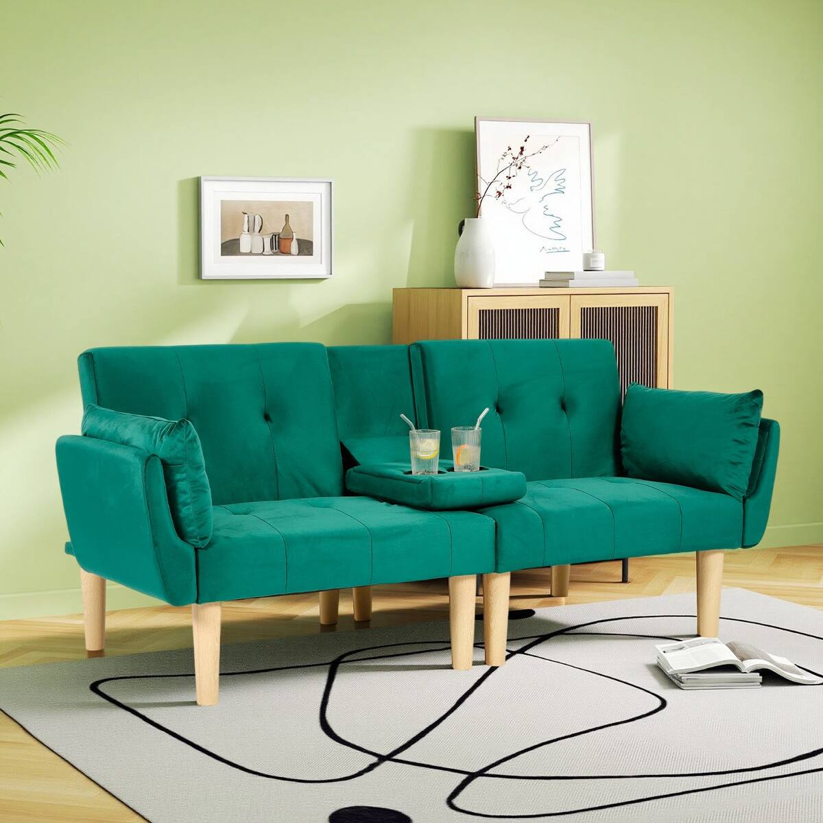 Angle. Ropilly - Ropilly 72 Inch Foldable Loveseat Green Velvet 2 Seater Sofa for Living Room Apartment - Green.