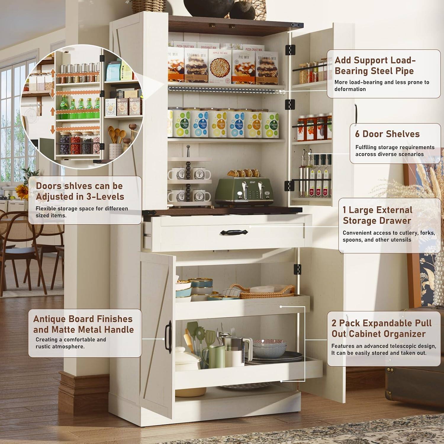 - EN I E1 L I Add Support Load-Bearing Steel Pipe
- More load-bearing and less prone to deformation
- 6 Door Shelves
- Fulfilling storage requirements across diverse scenarios
- Doors shelves can be Adjusted in 3-Levels
- Flexible storage space for different sized items
- 1 Large External Storage Drawer
- Convenient access to cutlery, forks, spoons, and other utensils
- Antique Board Finishes and Matte Metal Handle
- Creating a comfortable and rustic atmosphere
- 2 Pack Expandable Pull Out Cabinet Organizer
- Features an advanced telescopic design
- It can be easily stored and taken out